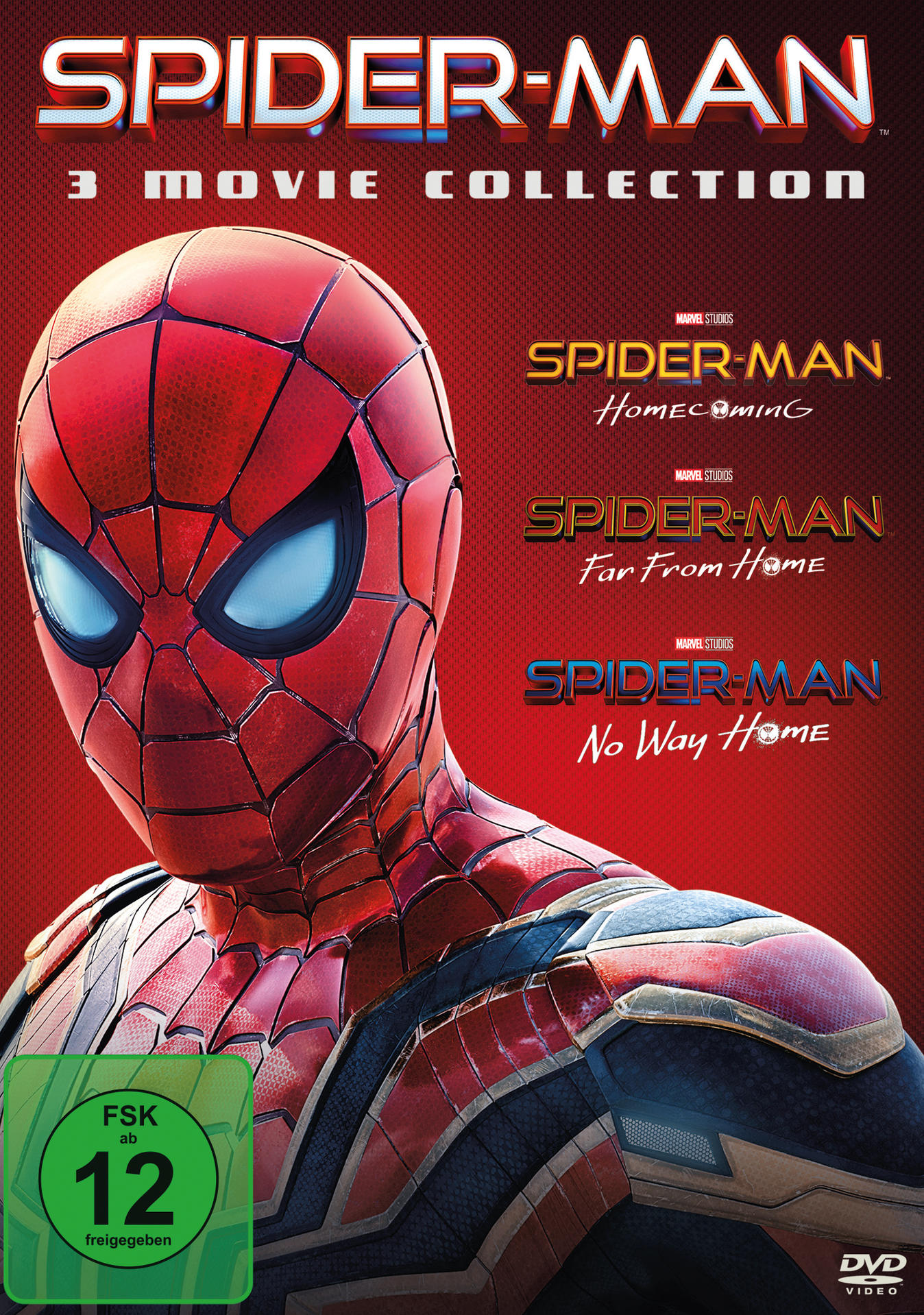 Spider-Man 3 Movie Collection DVD-Cover. Spider-Man in der Mitte. Titel: Homecoming, Far From Home, No Way Home.