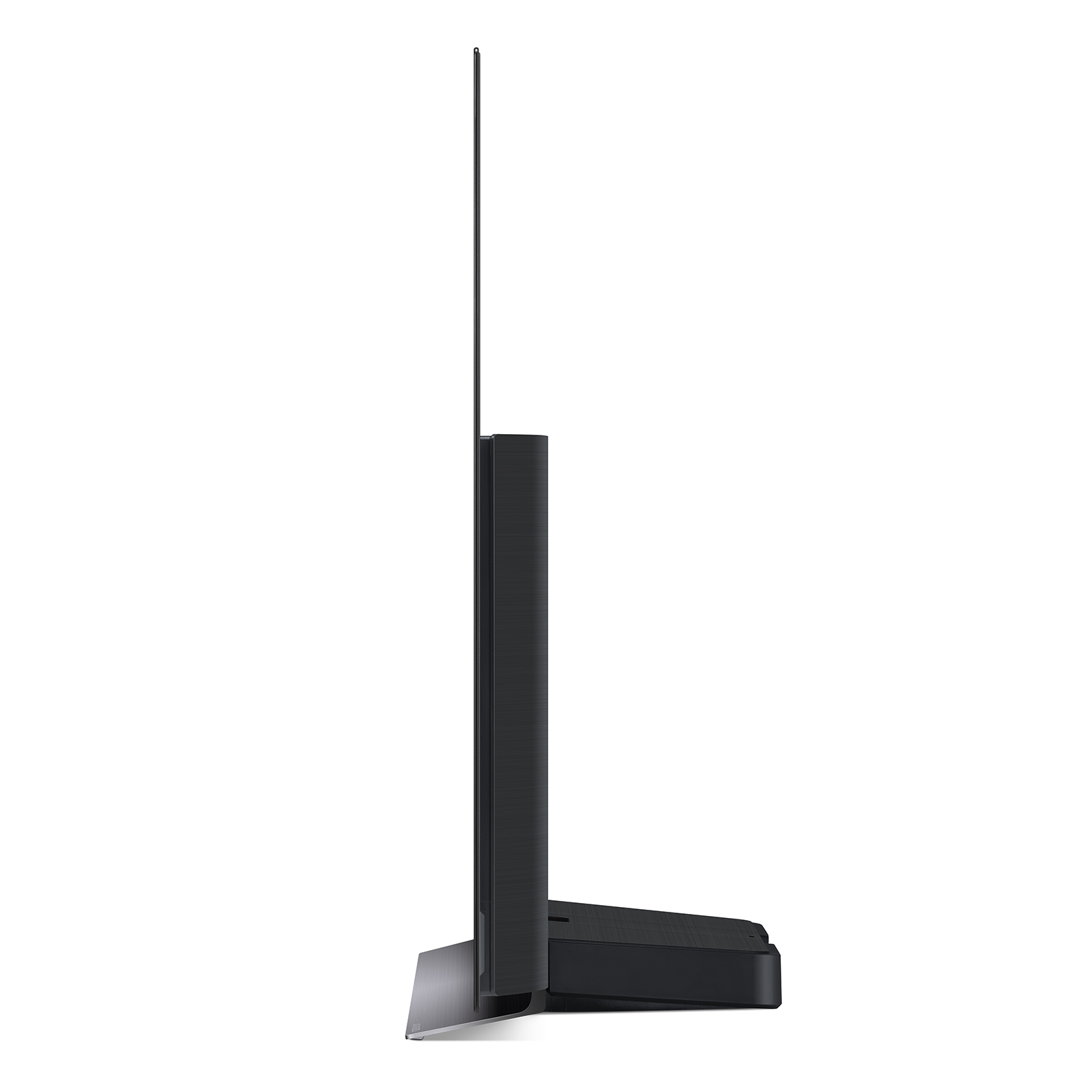 Egy fekete LG OLED TV oldalsó nézete, megmutatva a vékony profilját és az állványát.
