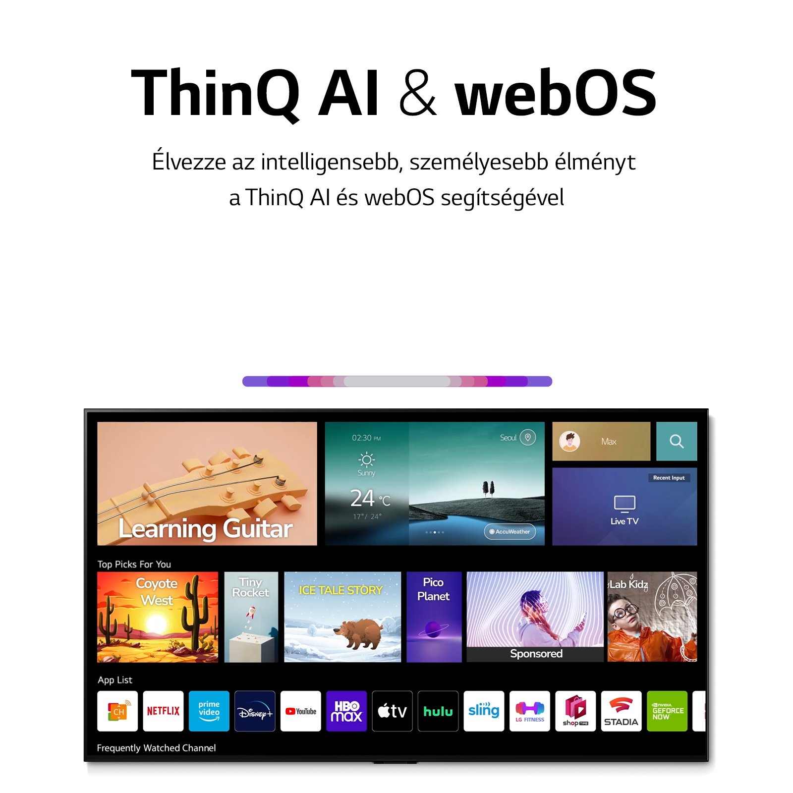 Modern TV képernyő, amely egy intelligens felületet jelenít meg alkalmazásikonokkal.