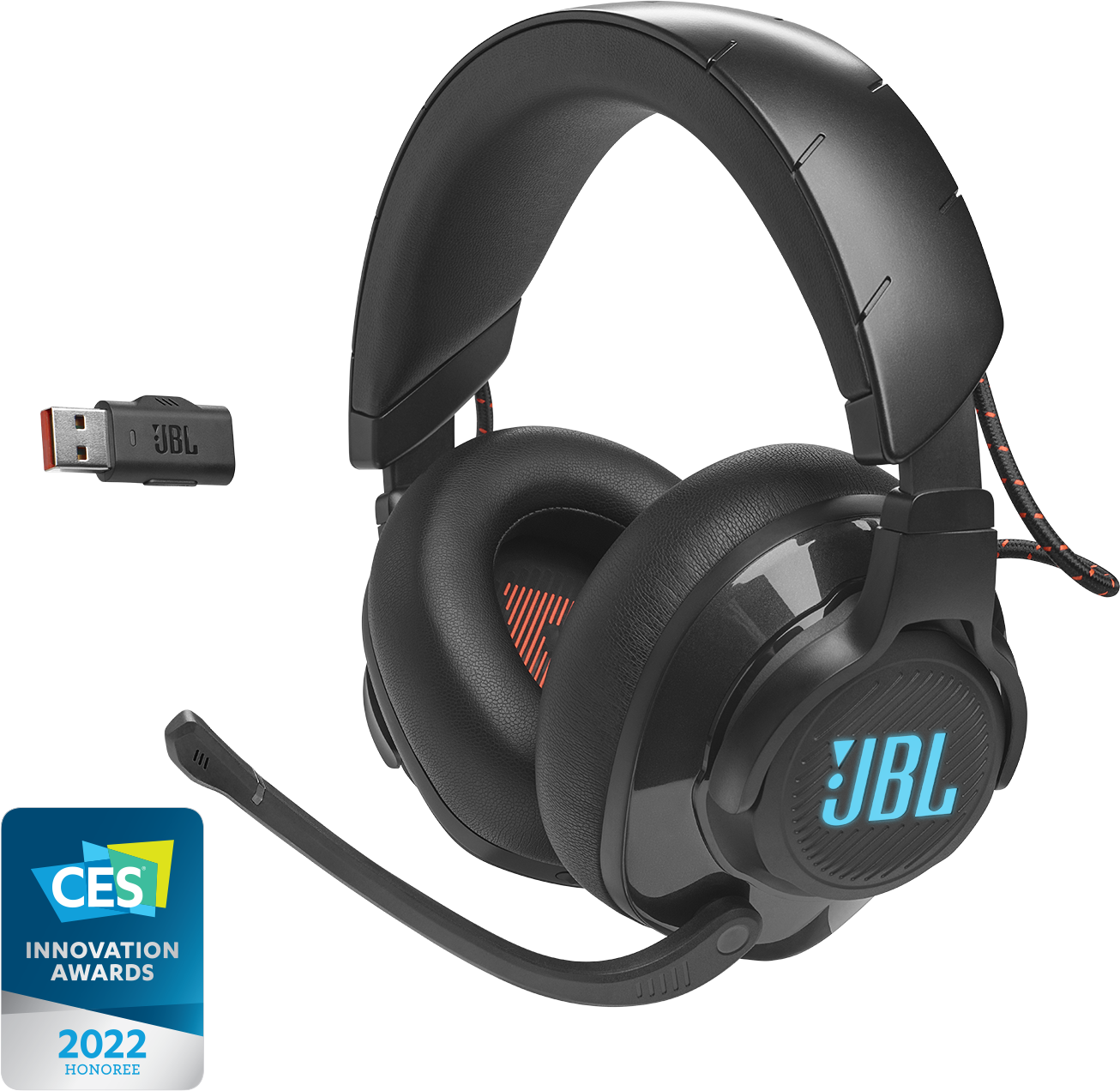 Schwarzes JBL Gaming-Headset mit Mikrofon und USB-Adapter. Mit JBL-Logo und CES Innovation Awards-Badge.