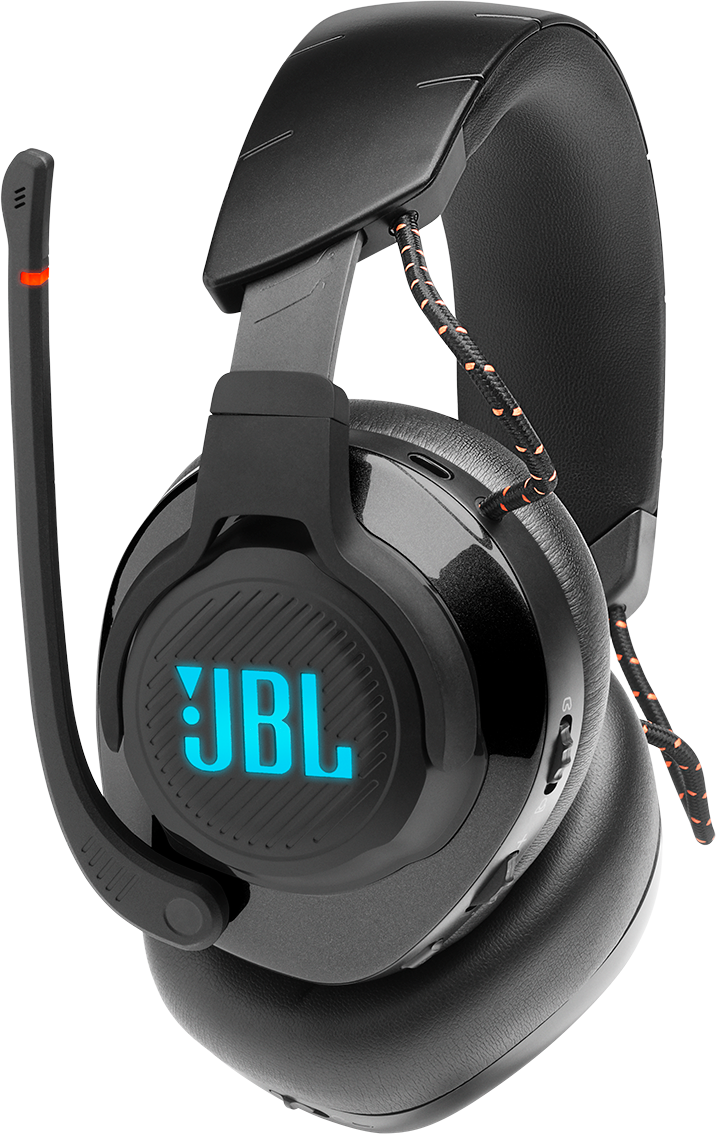 Schwarzes JBL Gaming-Headset mit Mikrofon und blauem Logo auf der Ohrmuschel.