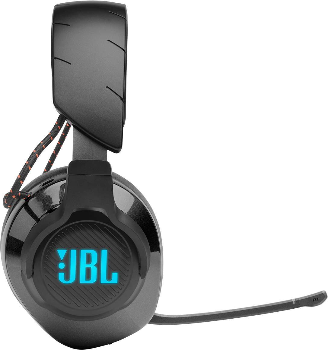 Schwarzes JBL Gaming-Headset mit Mikrofon. Das JBL-Logo leuchtet blau auf dem Ohrmuschel.