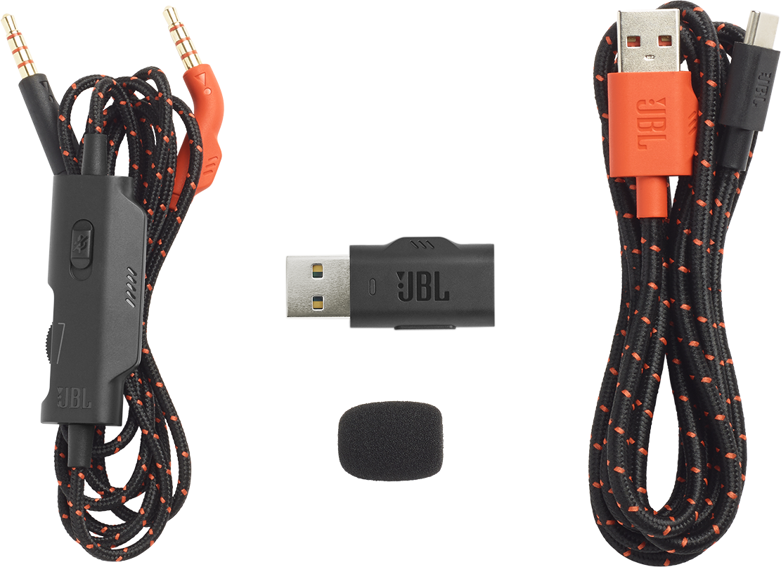 JBL-Kopfhörerzubehör: Audiokabel, USB-Kabel und ein kleines Mikrofon. Weißer Hintergrund.