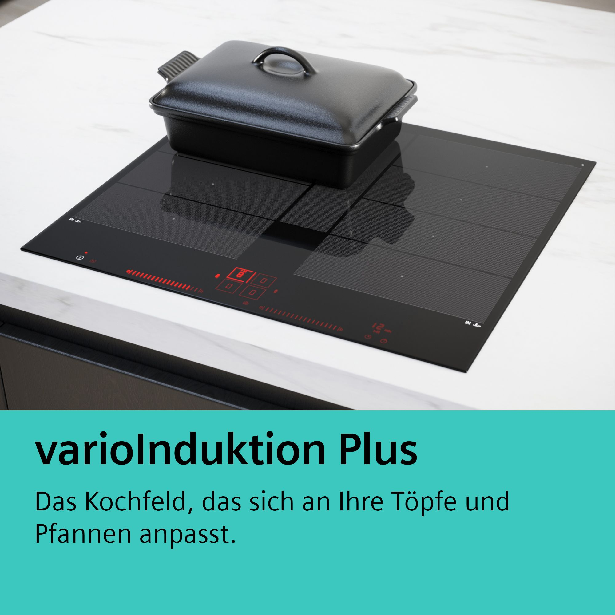Schwarzes Kochfeld mit schwarzem Topf, Text 'varioInduktion Plus'.