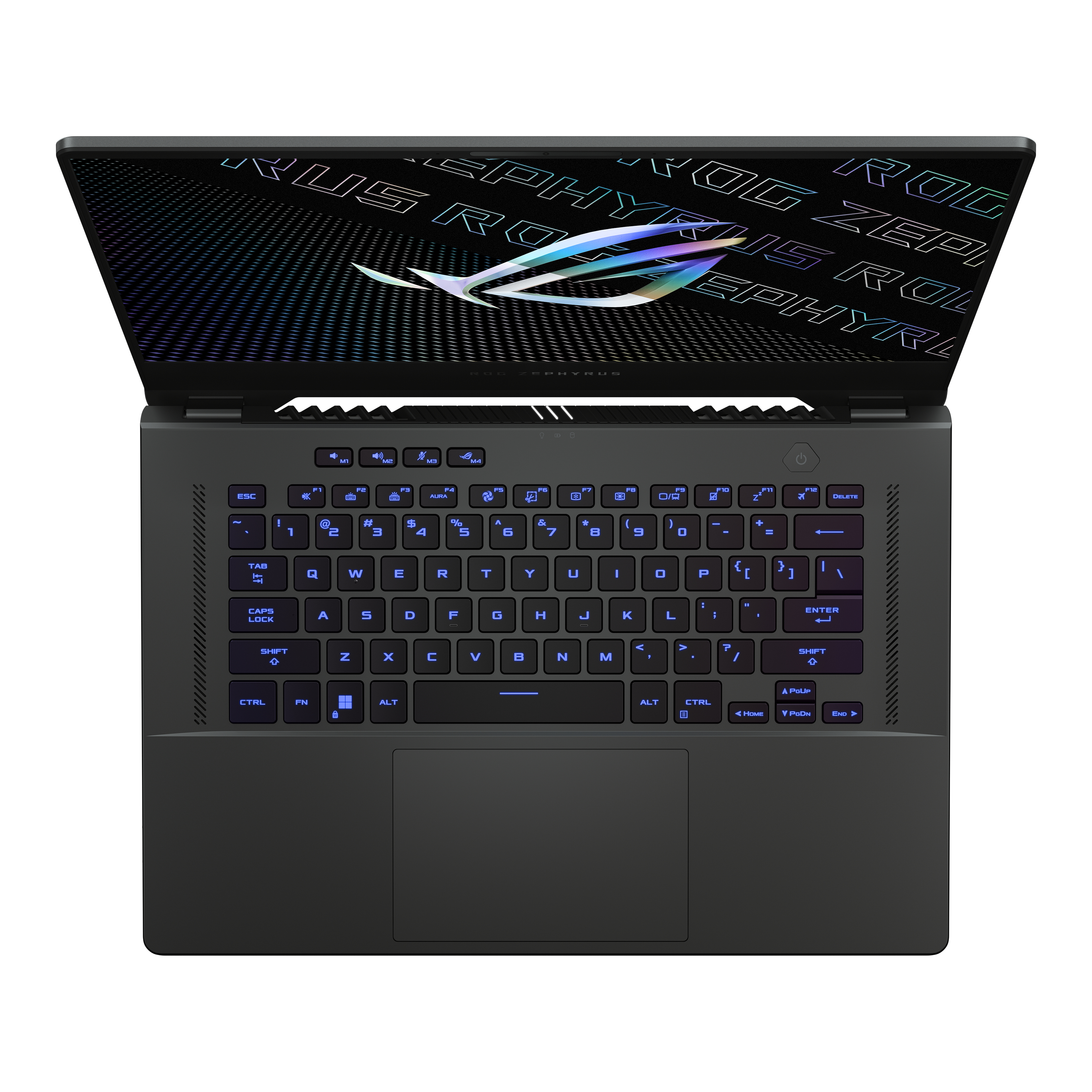 Geöffnete Laptop-Tastatur, Draufsicht, mit beleuchteten Tasten, schwarzer Hintergrund.