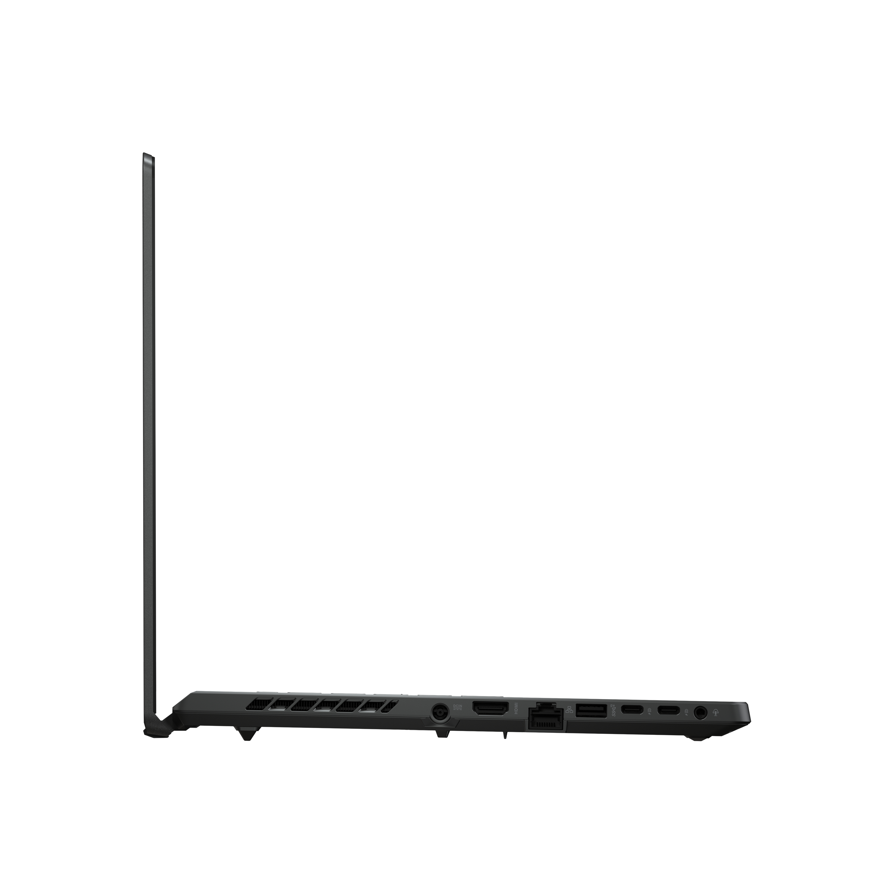 Seitenansicht eines geschlossenen schwarzen Laptops mit sichtbaren Anschlüssen und Lüftern.