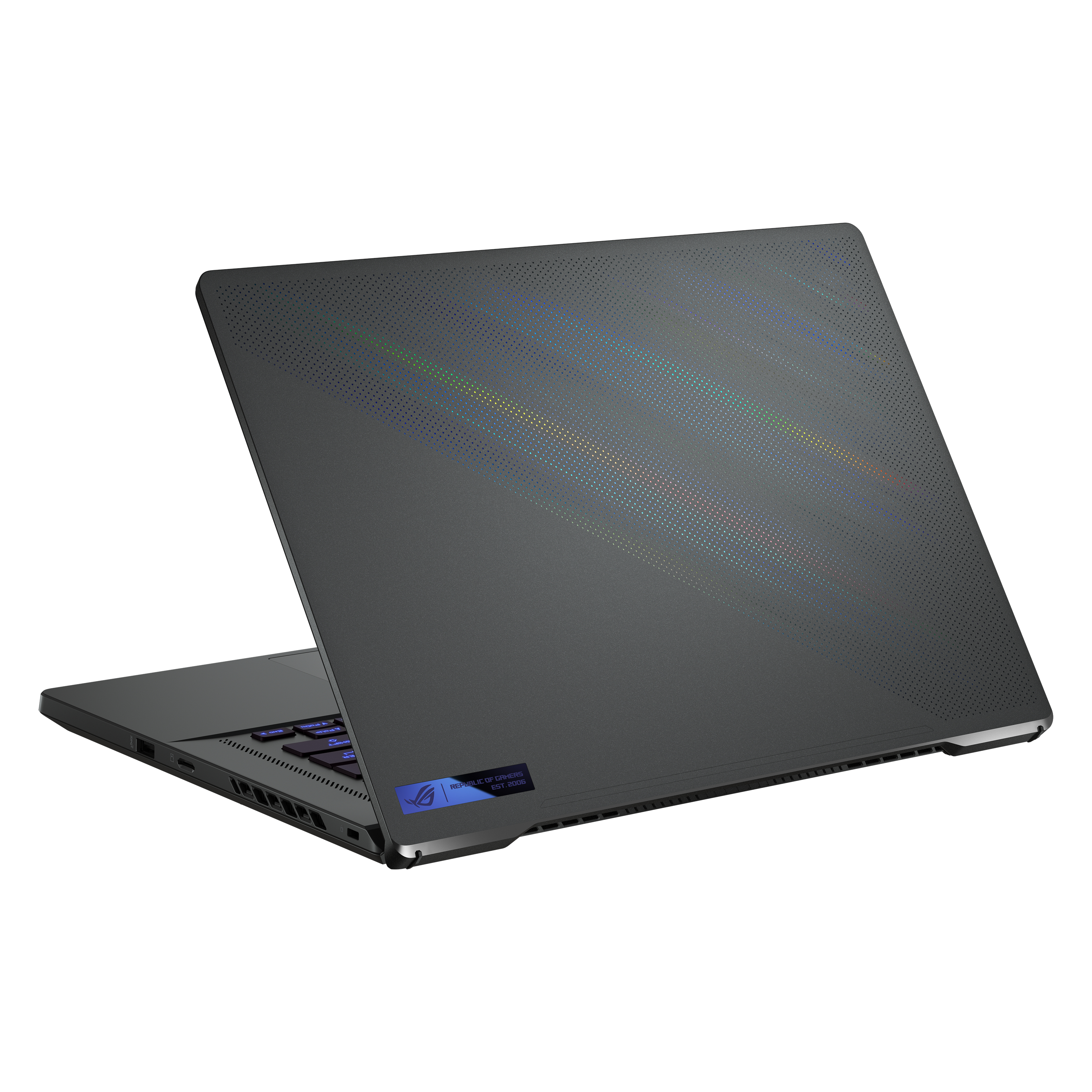 Dunkelgrauer Laptop mit beleuchtetem Logo und teilweise geöffnetem Bildschirm.
