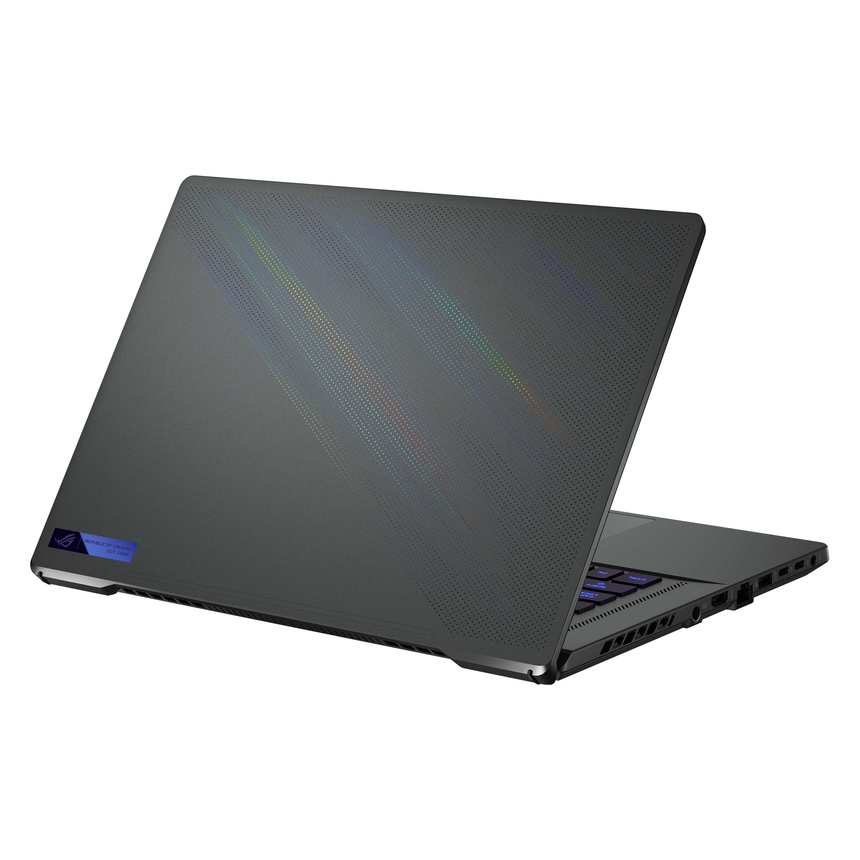 Dunkelgrauer Laptop-Computer. Rückseite des Computers mit dem Logo. Weißer Hintergrund.