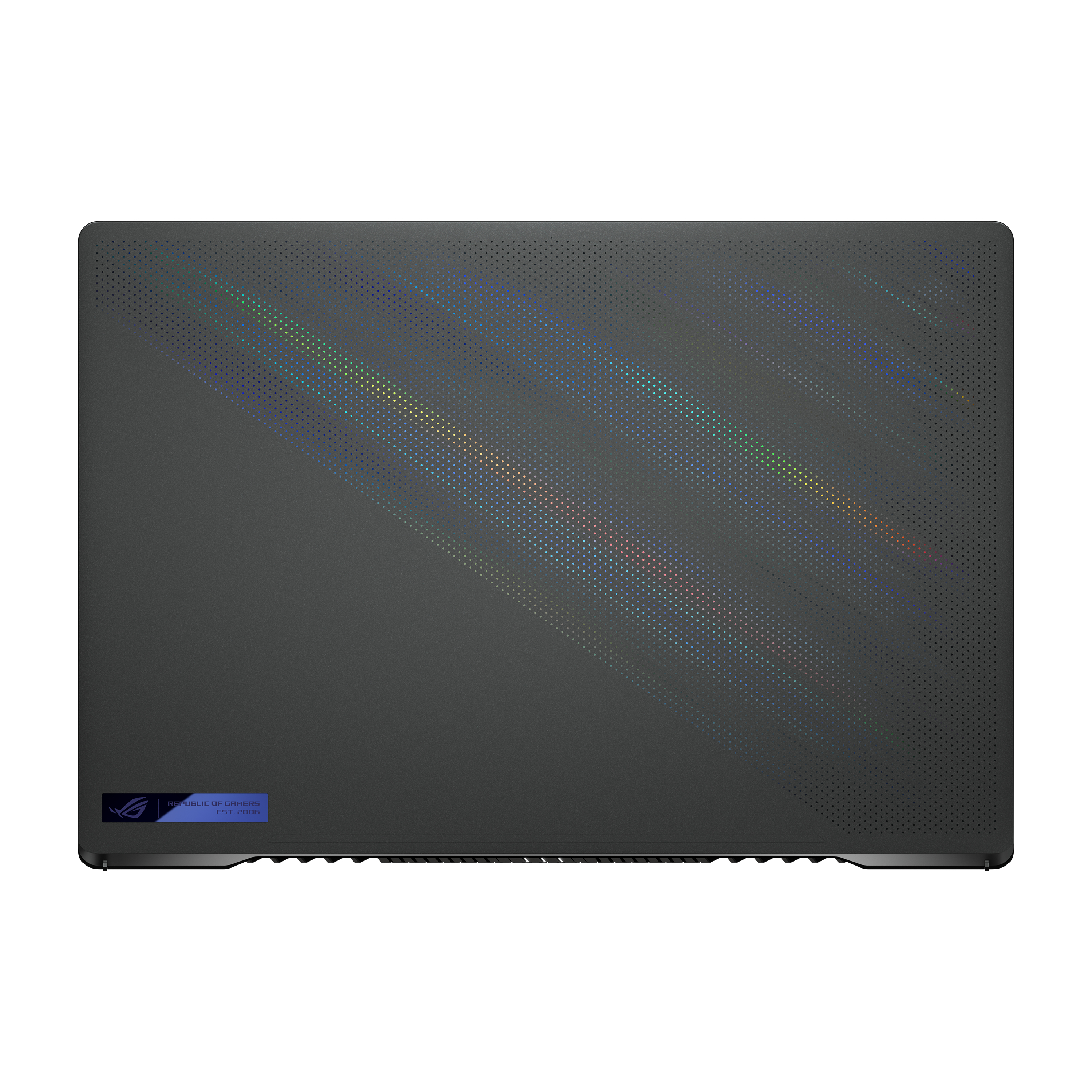 Schwarzer Laptopdeckel mit gepunktetem Muster. Mit blauem ROG-Logo und farbigen Akzenten.