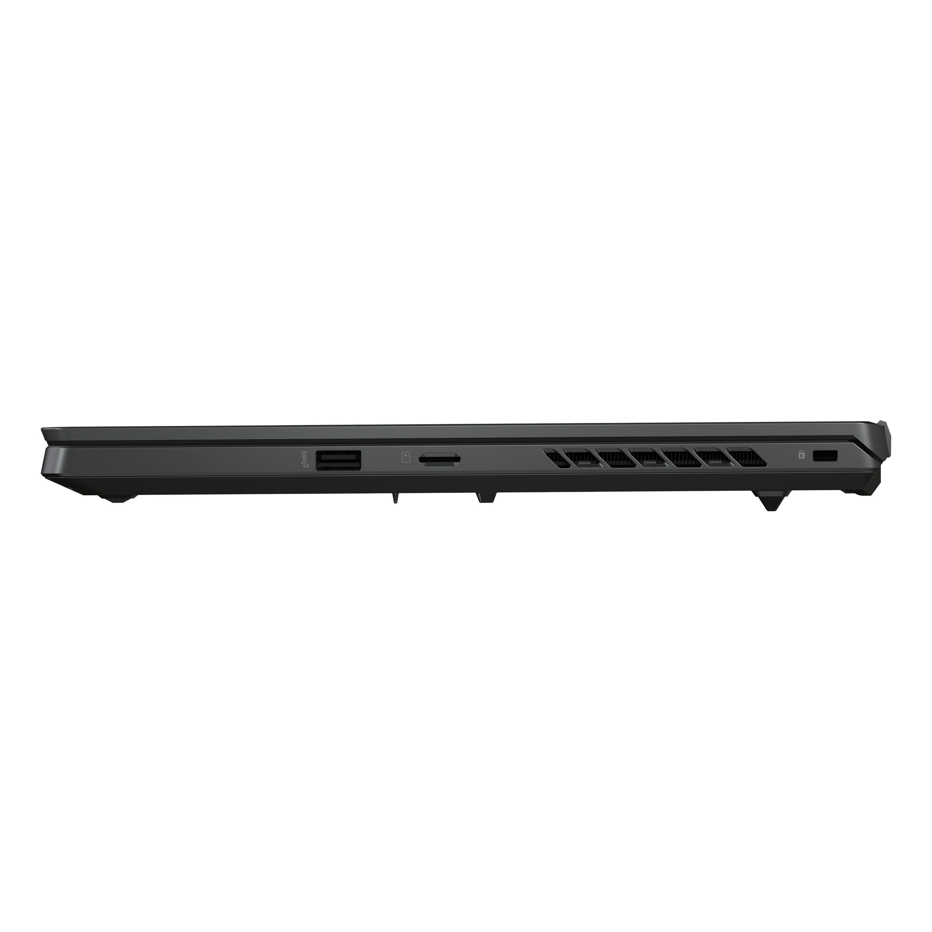 Seitenansicht eines schwarzen Laptops mit Anschlüssen. Der Laptop ist geschlossen.