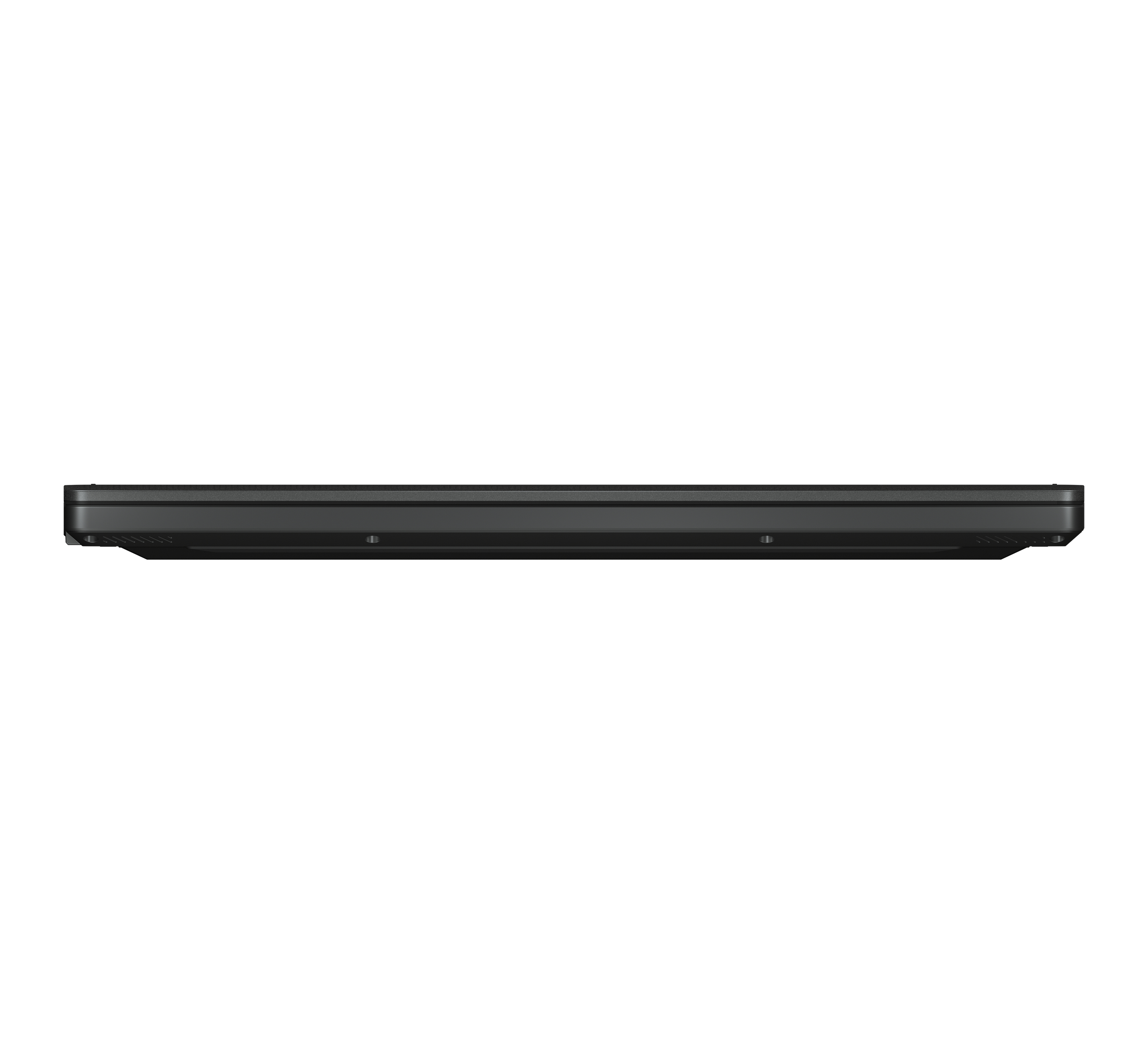 Schwarzer Laptop von unten, zeigt die Unterseite.