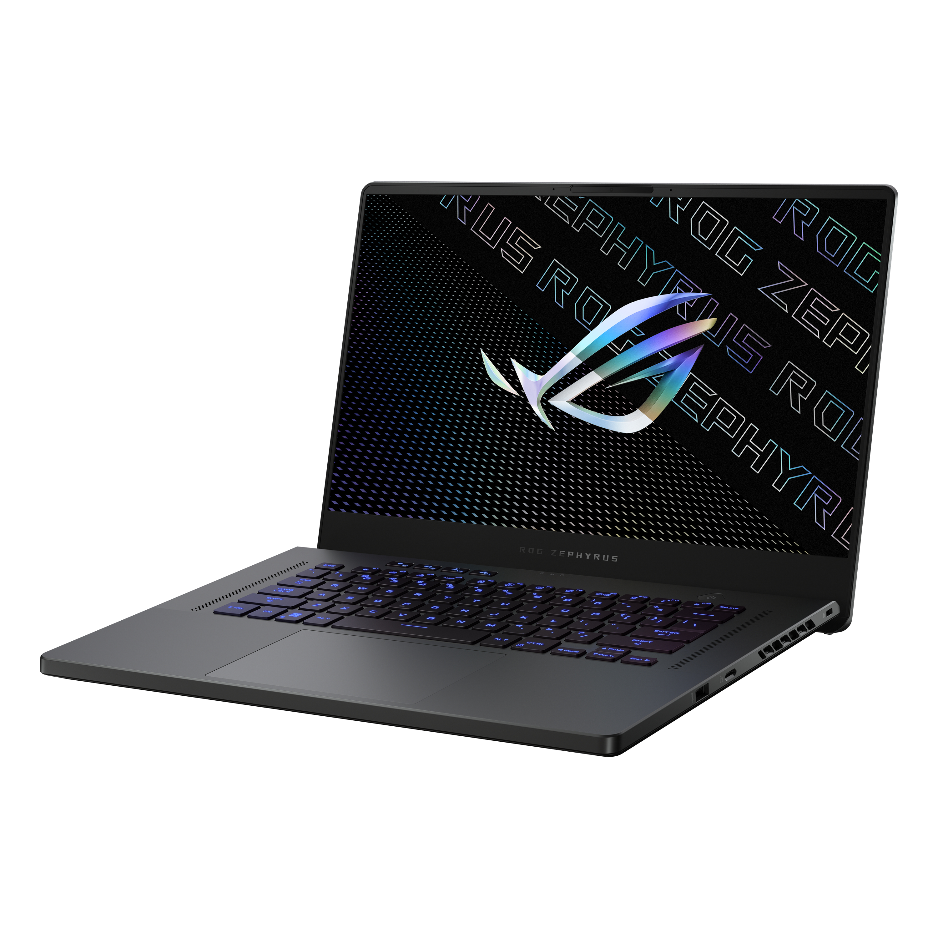 Schwarzer Laptop mit ROG Zephyrus Logo auf dem Bildschirm.