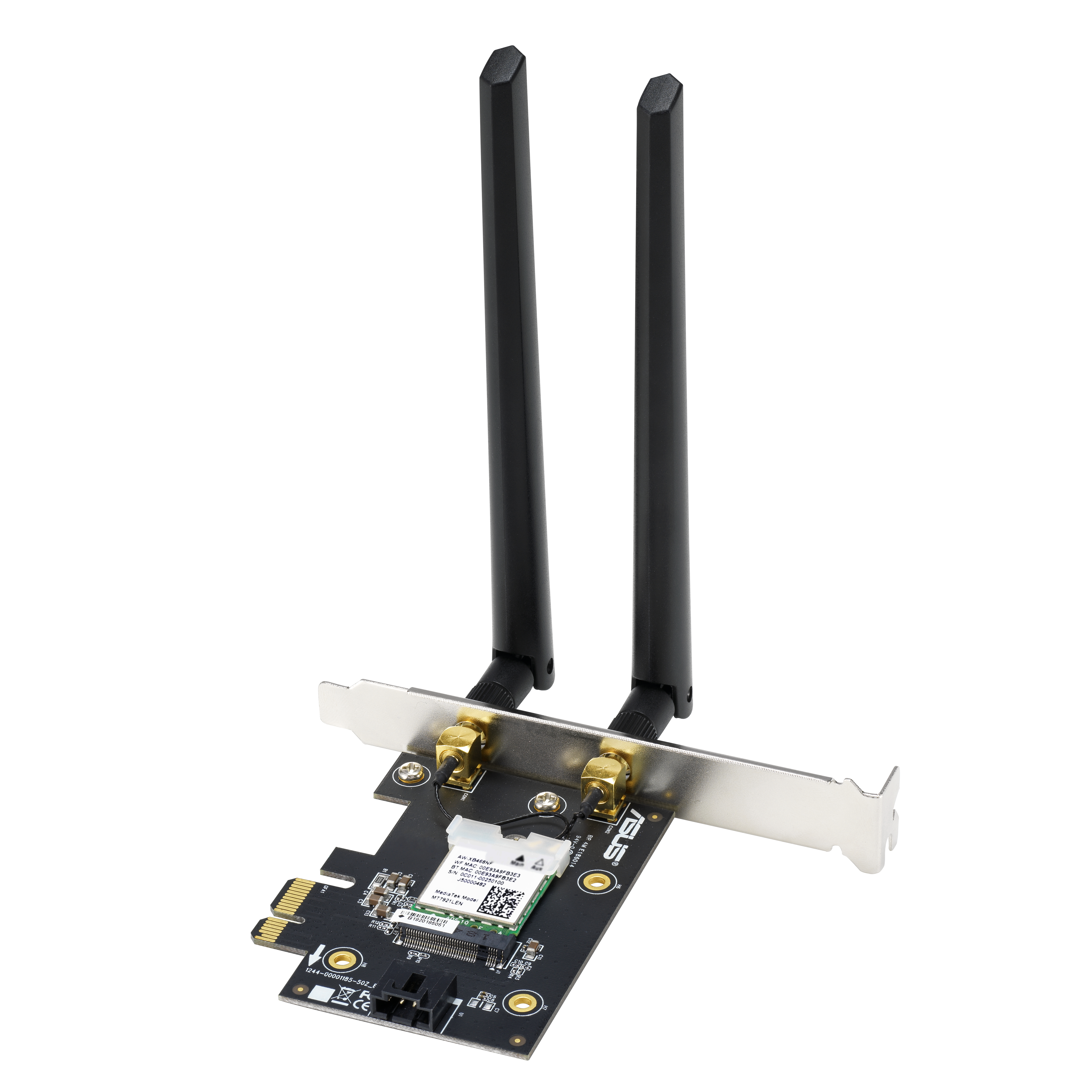 WLAN-Adapter mit Antennen. Schwarze Platine mit zwei Antennen. Silberne Halterung und goldene Anschlüsse.