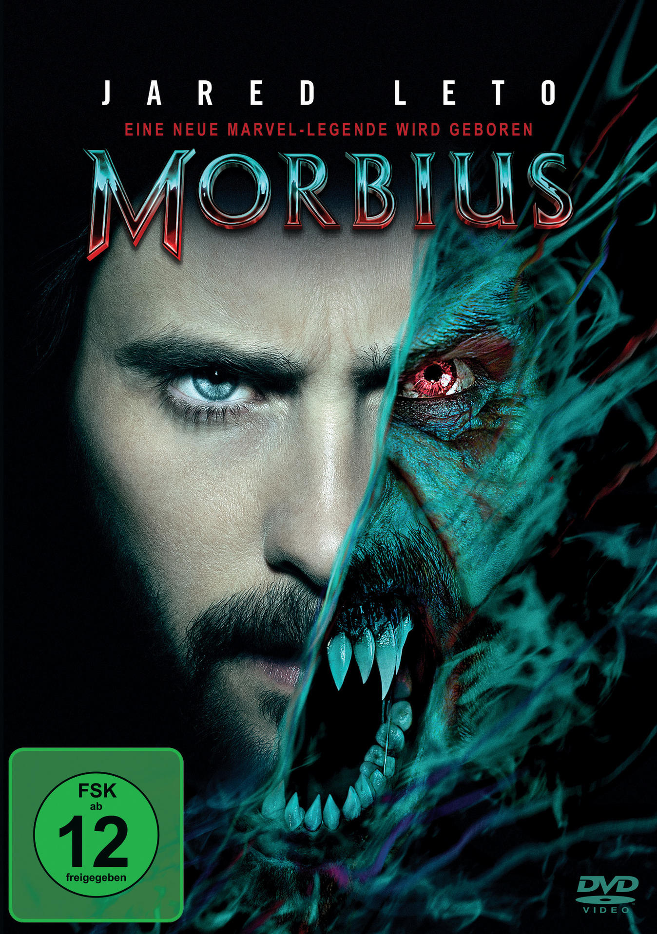 Jaquette DVD du film Morbius. Présente le visage de Jared Leto et un visage monstrueux divisé.