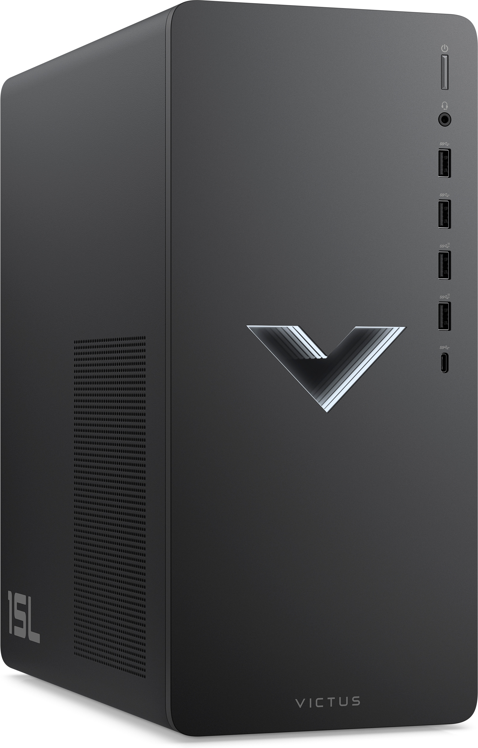 Schwarzer Desktop-Computer mit V-förmigem Logo auf der Vorderseite.