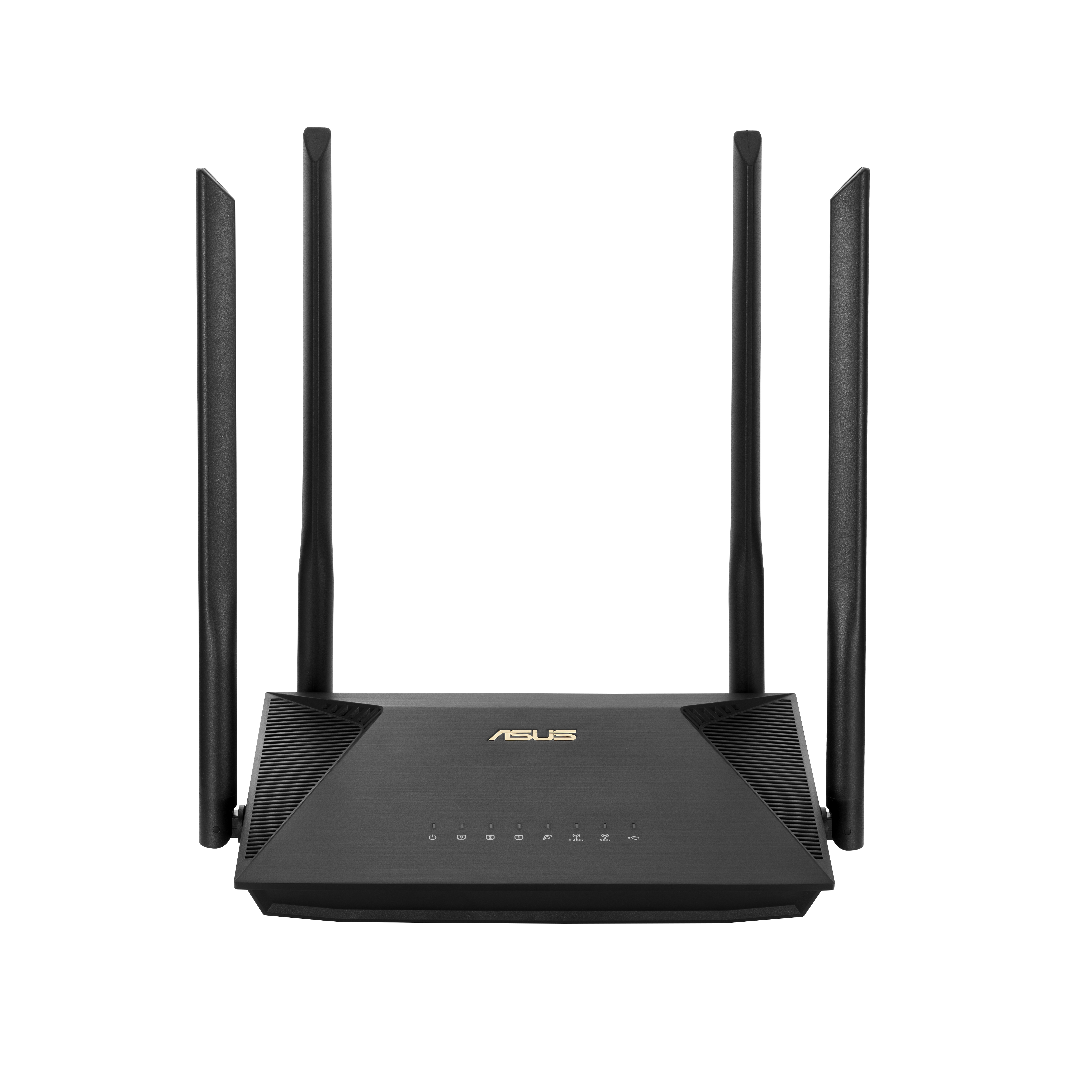 Schwarzer ASUS-Router mit vier Antennen. Der Router befindet sich auf einer weißen Oberfläche. Lichter auf der Vorderseite sind sichtbar.