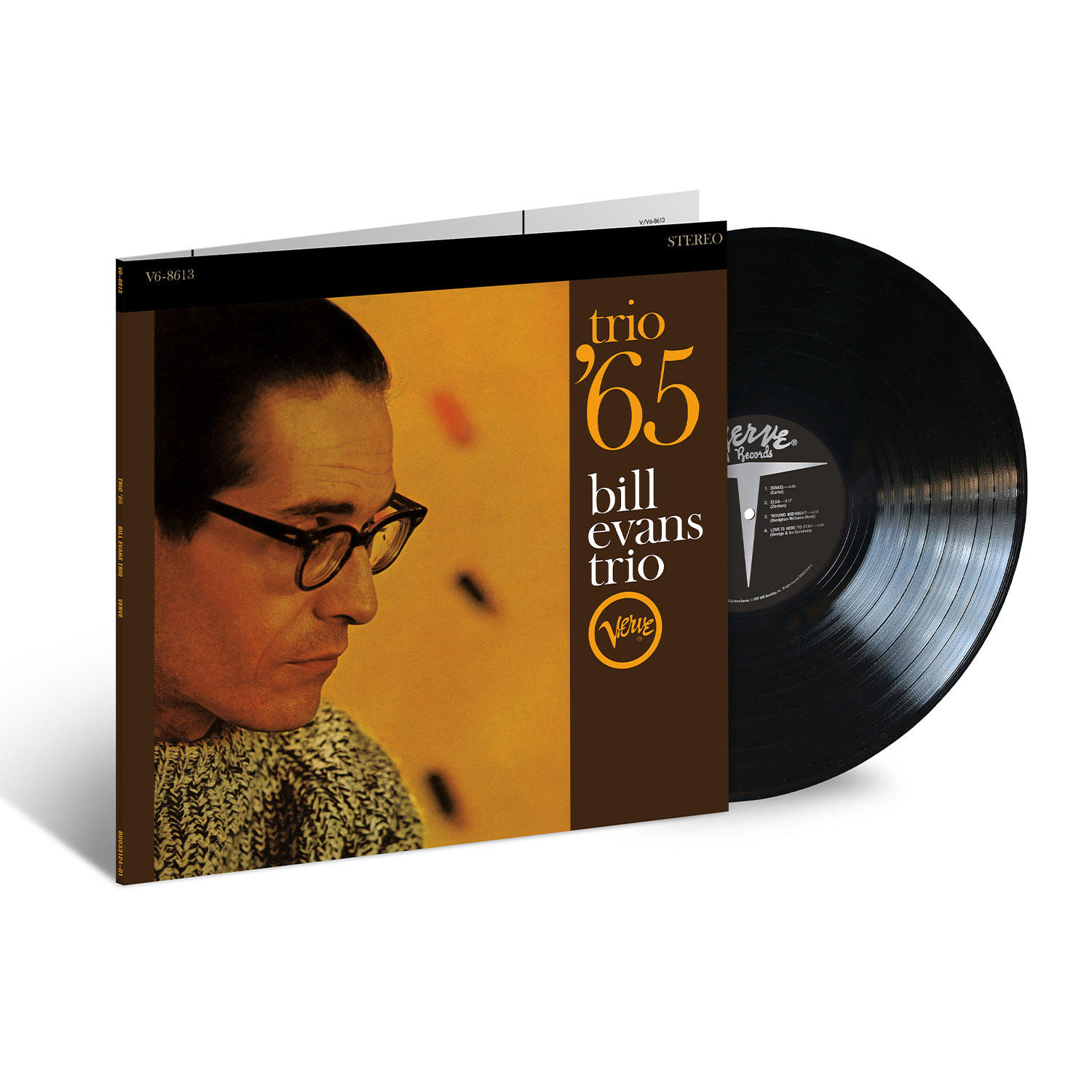 A Bill Evans Trio '65 album borítója. Evans portréja, szemüveggel és egy lemezzel. Narancs és barna színvilág.