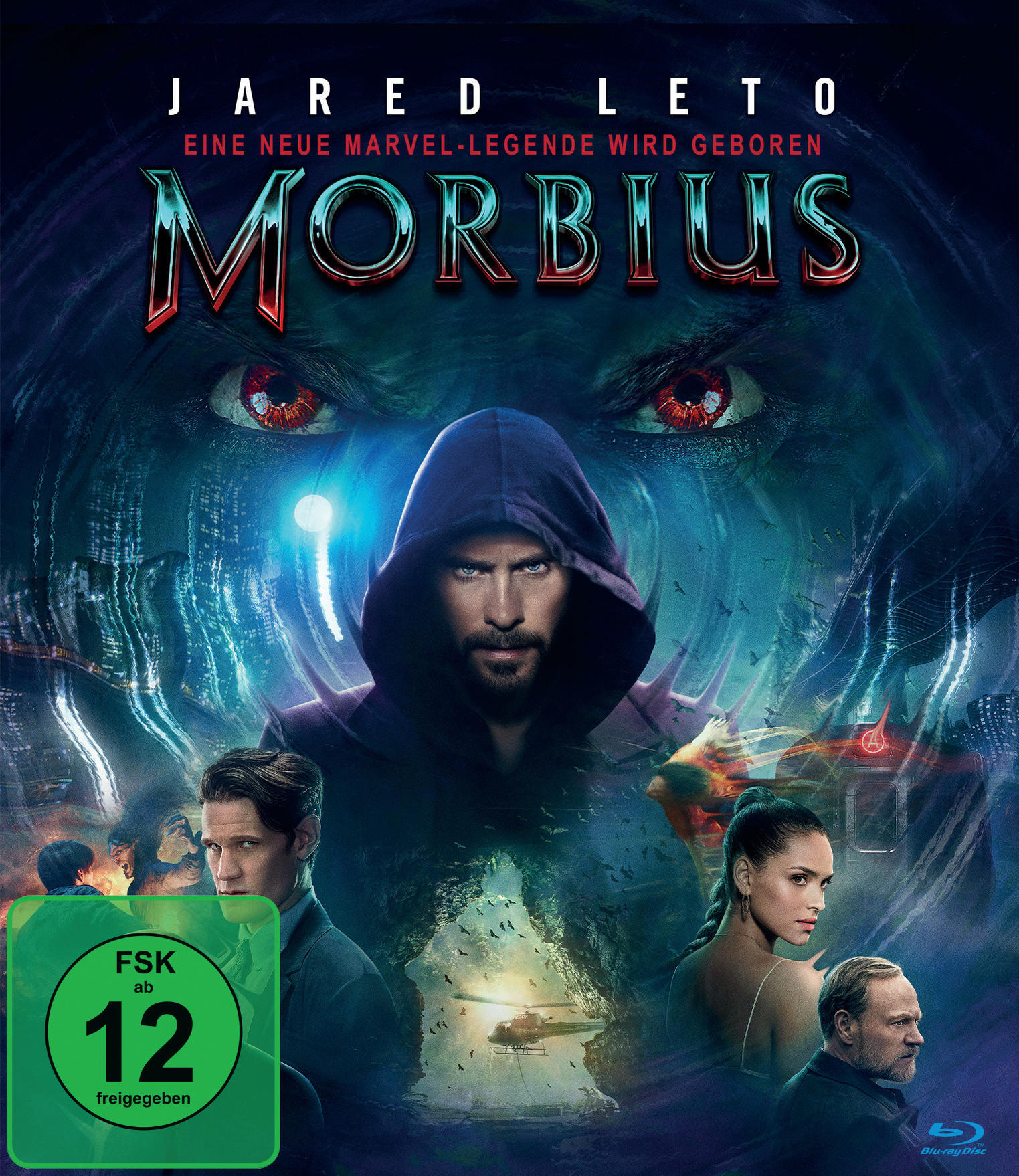 Affiche du film 'Morbius' avec Jared Leto. Fond bleu foncé, plusieurs personnages.