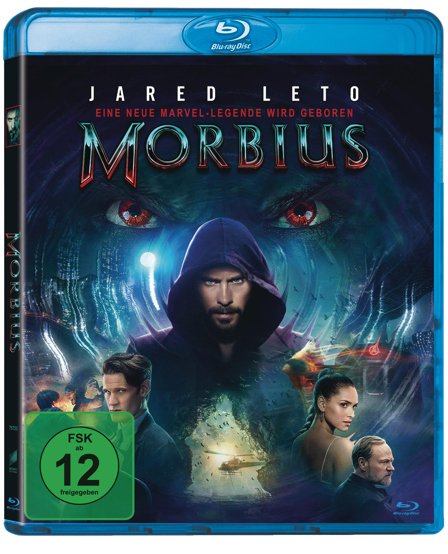 Couverture Blu-ray de Morbius, avec Jared Leto et le titre du film sur fond bleu.