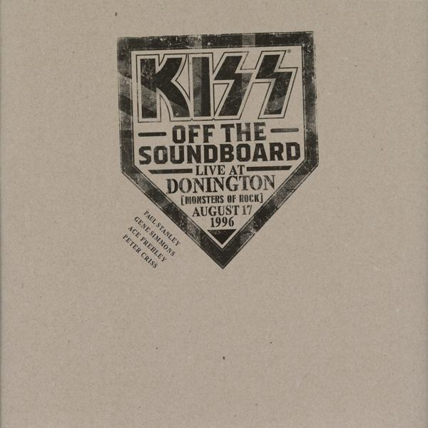 Egy Kiss album borítója a zenekar tagjainak nevével és a 'Live at Donington' szöveggel, fekete-fehér design.