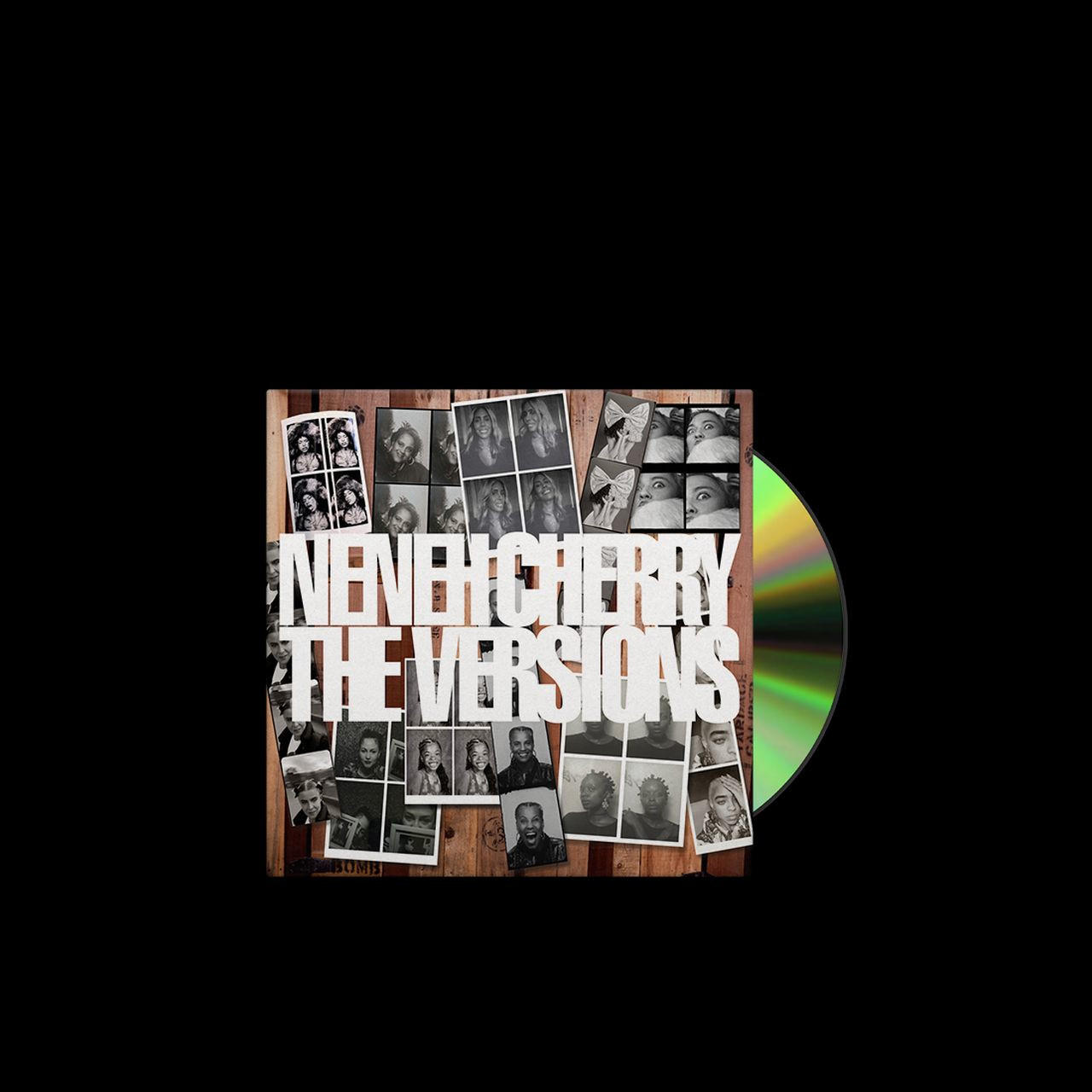 Neneh Cherry: The Versions CD borítója. Fotókollázs fekete háttéren.