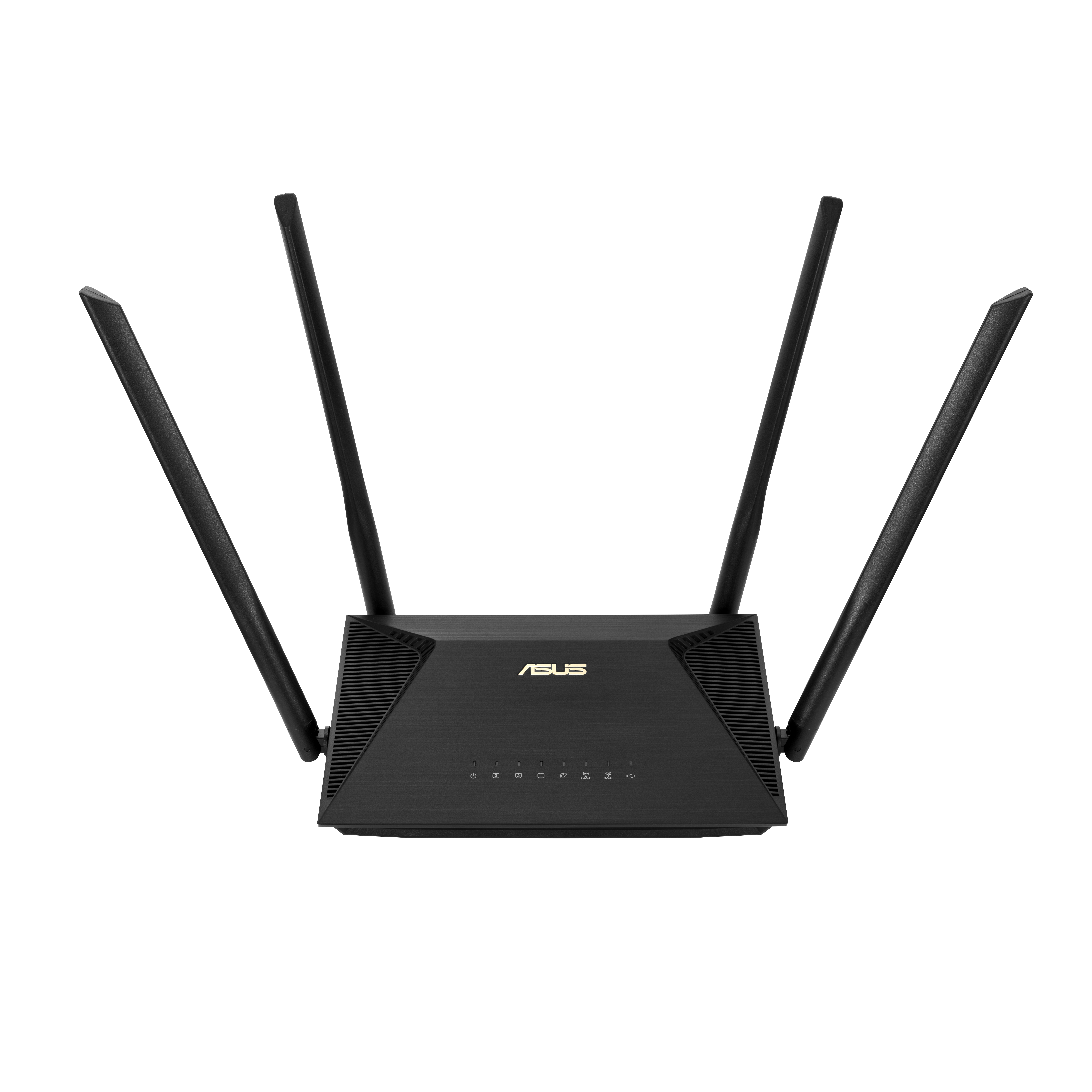 Routeur ASUS noir avec quatre antennes sur fond blanc.