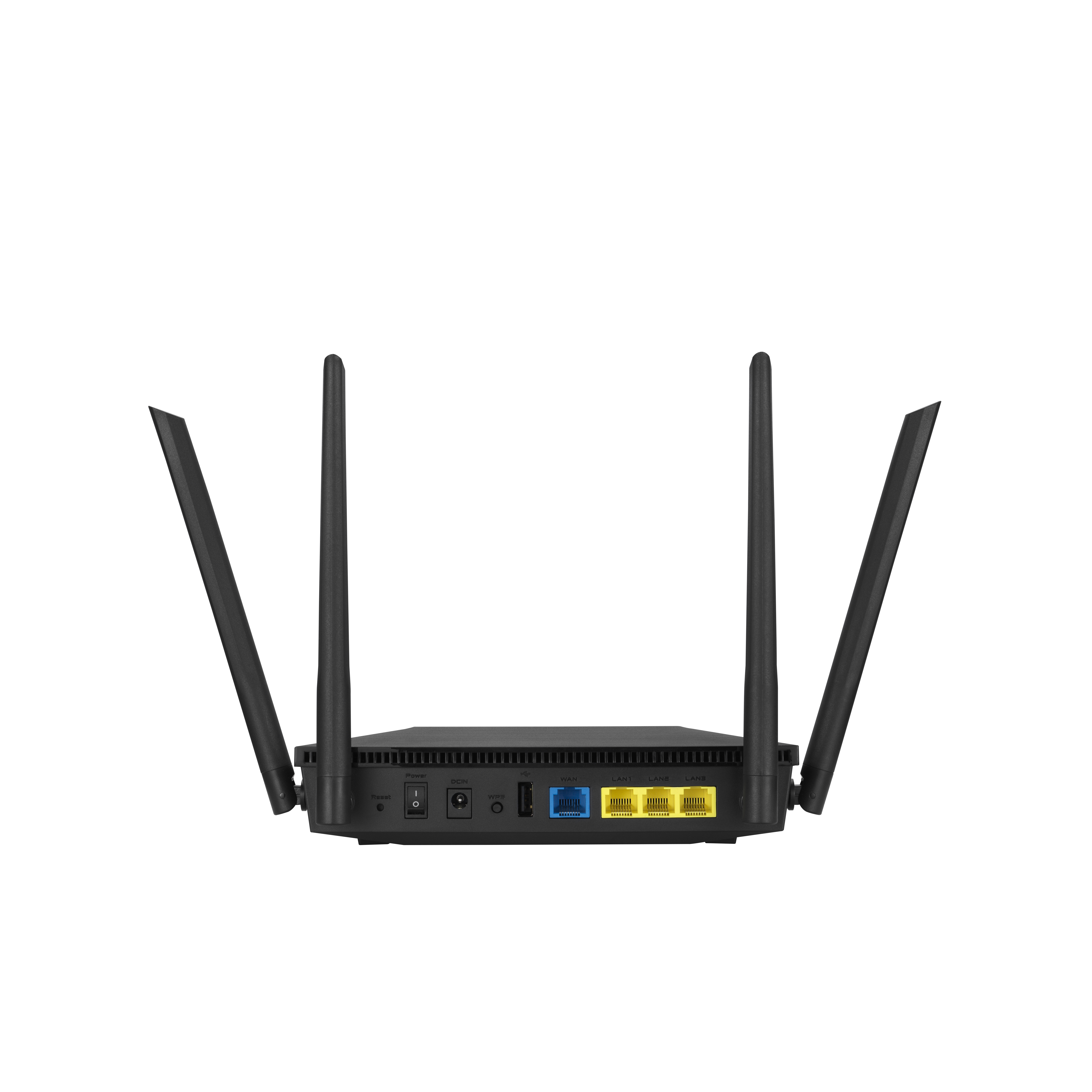 Un routeur sans fil noir avec quatre antennes.