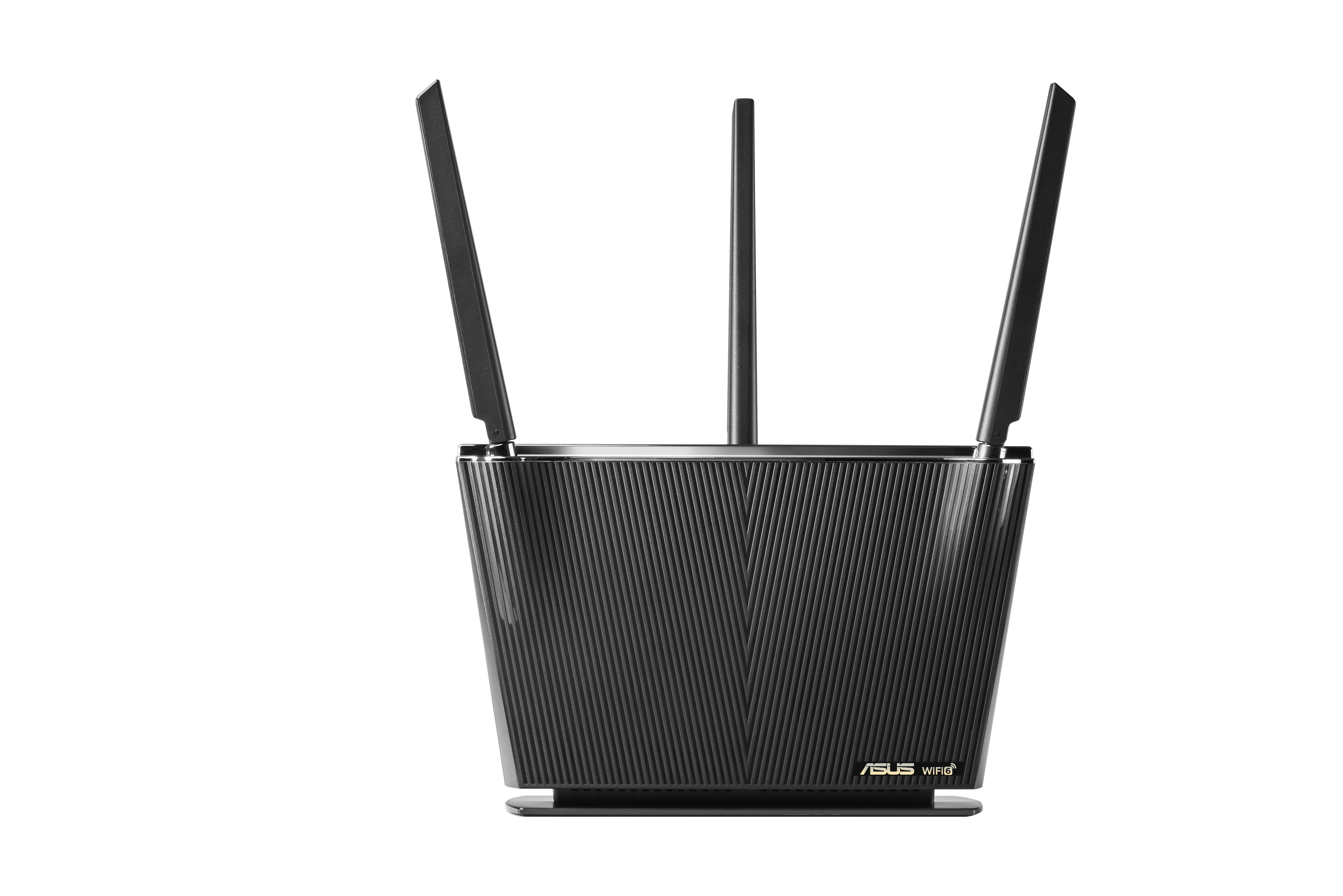 A black Asus router with three antennas on a white background.