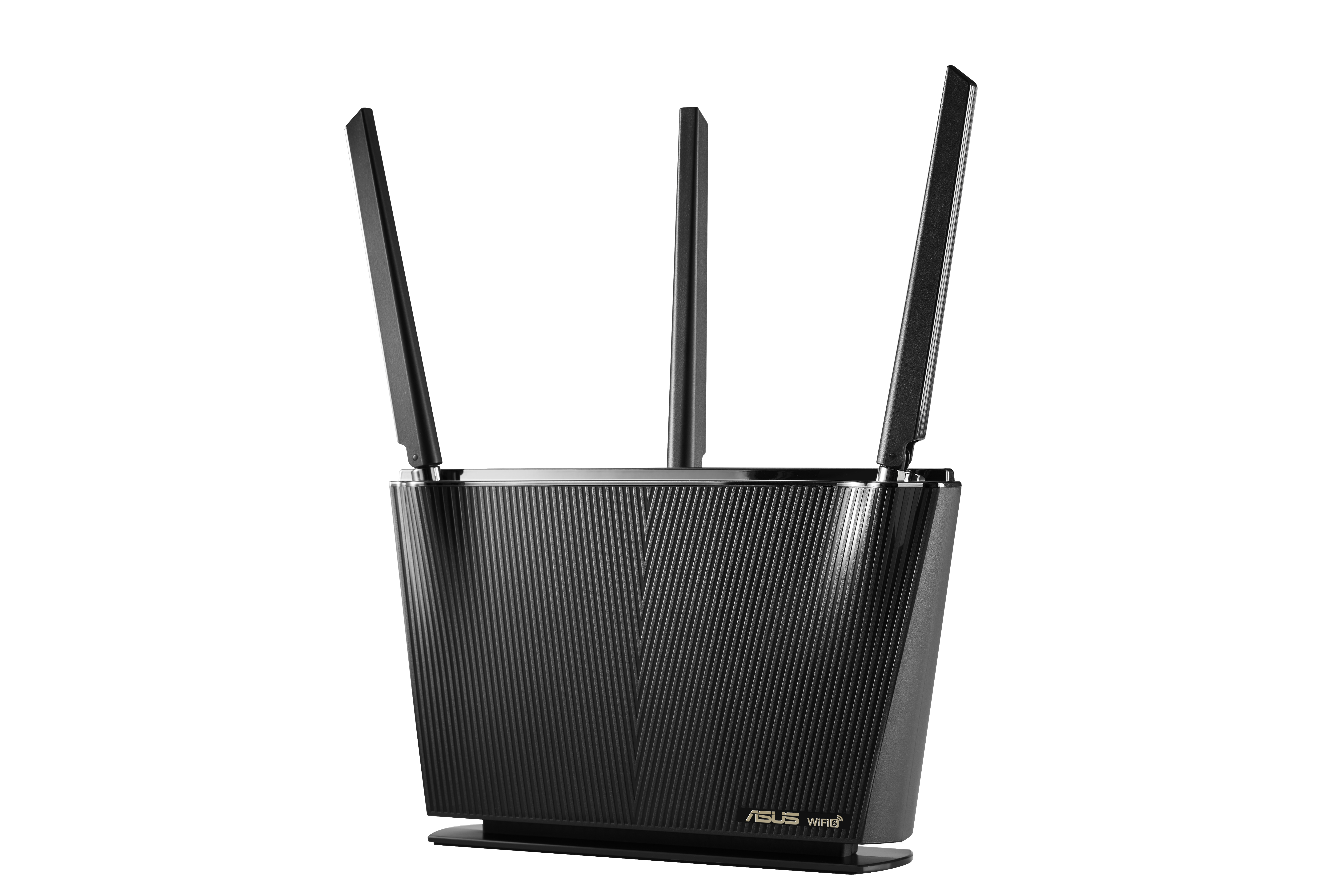 Black ASUS WiFi router with three antennas, isolated on white background.