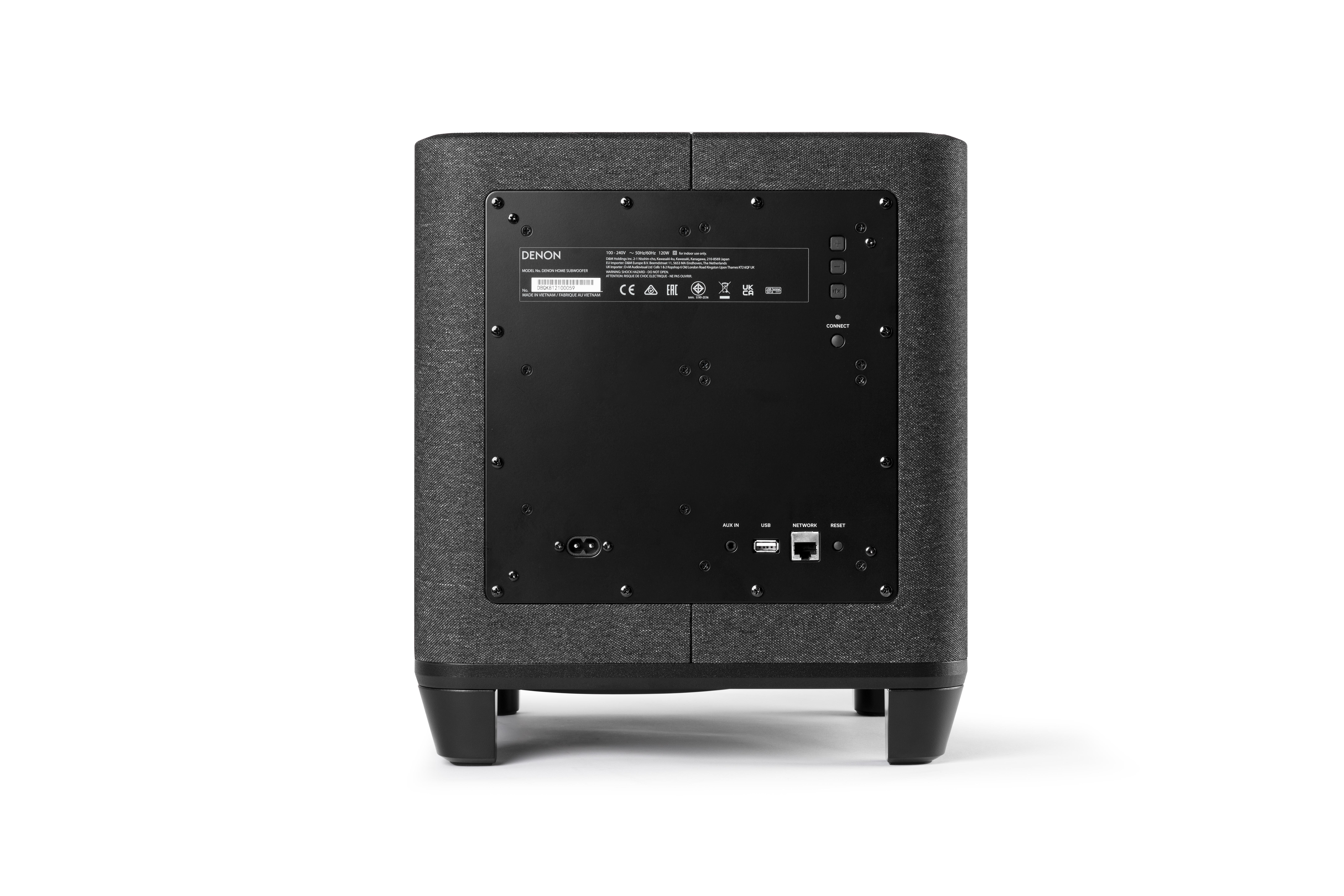 Schwarzer Denon-Subwoofer mit sichtbarer Rückseite, auf weißem Hintergrund.