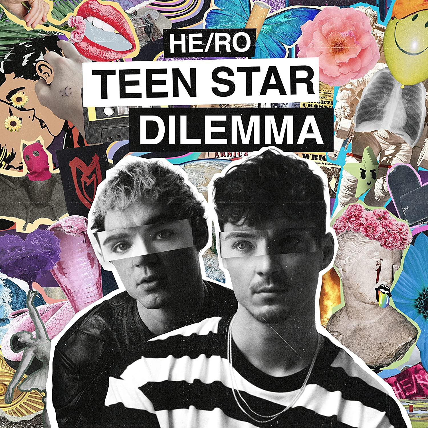 Albumcover für He/Ro, Teen Star Dilemma. Es zeigt zwei junge Männer mit einem Collage-Hintergrund.