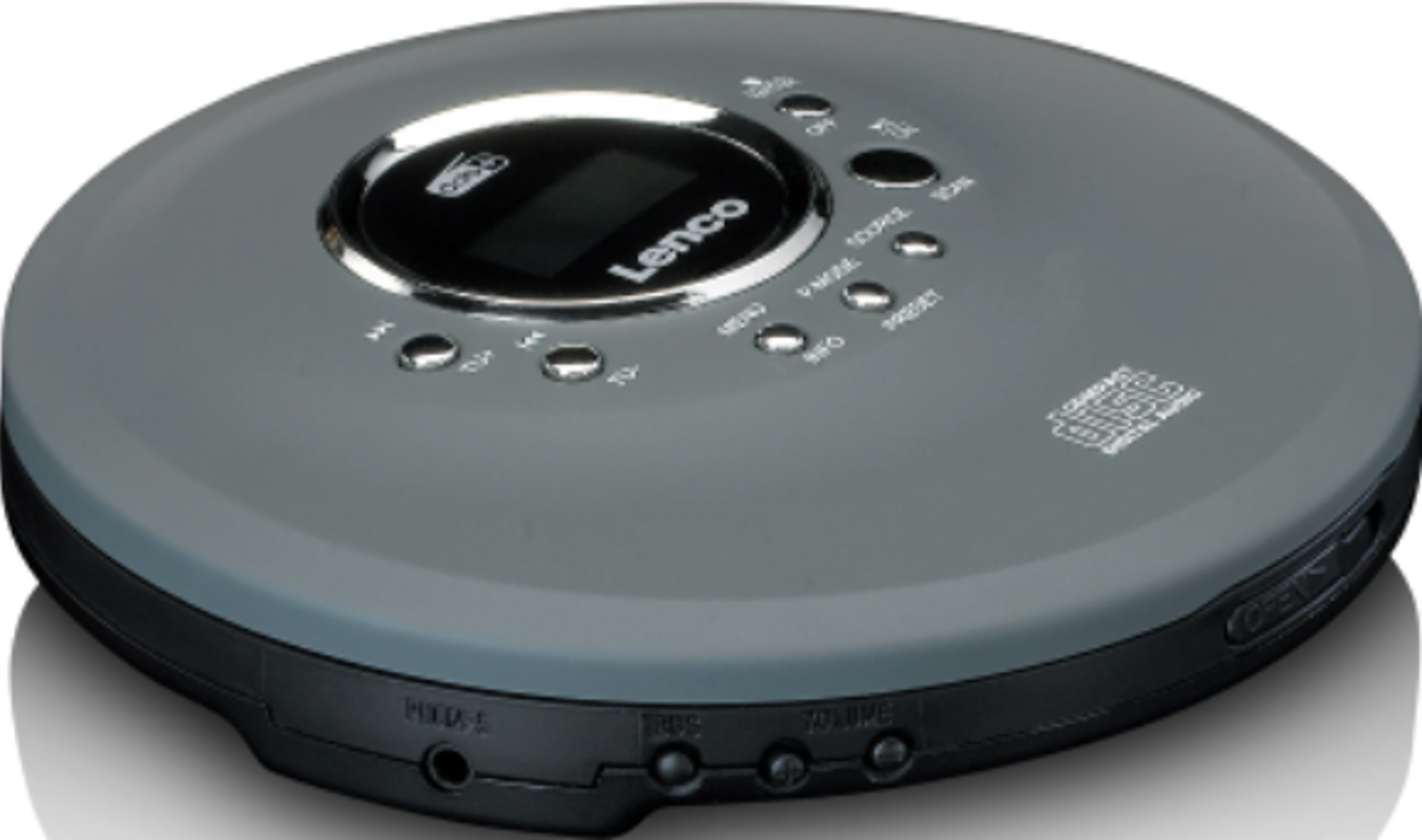 Un lecteur CD portable gris Lenco avec des boutons et un écran, et un logo audio numérique.