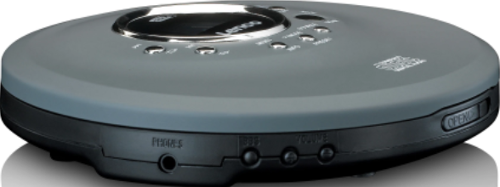 Lecteur CD portable gris avec boutons, écran et prise casque. Il a un bouton open sur le côté.