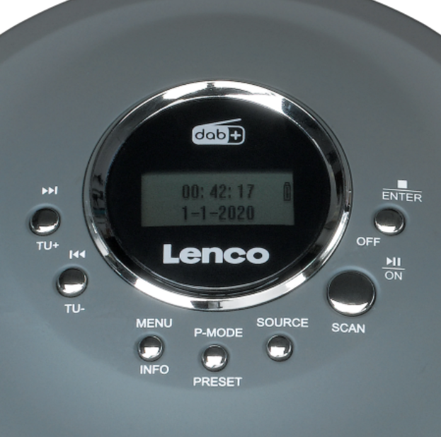 Gros plan d'une radio Lenco grise avec écran numérique affichant l'heure et la date, avec plusieurs boutons.