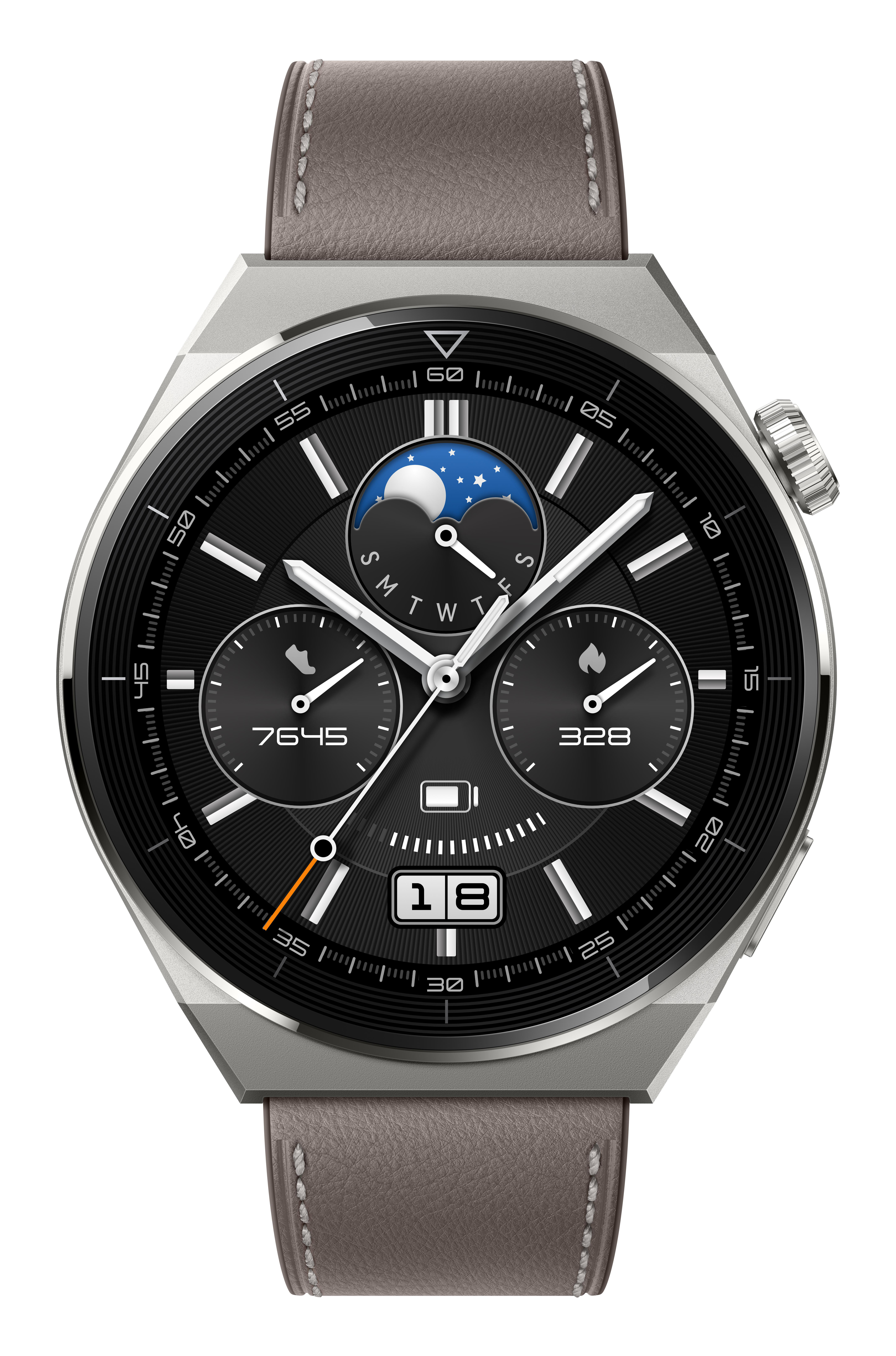 Eine silberne Smartwatch mit schwarzem Zifferblatt, Lederarmband und Datumsanzeige.