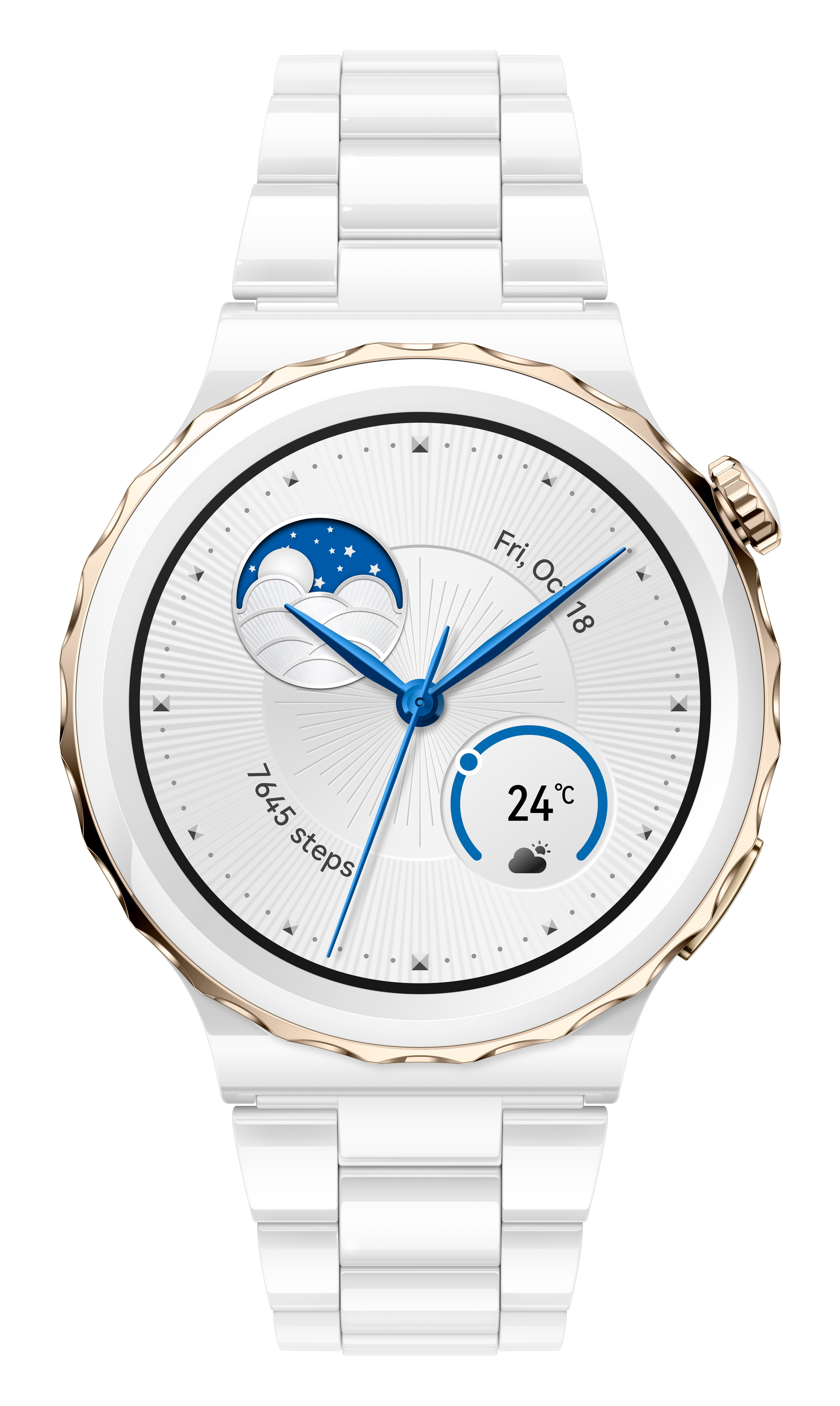 Weiße Smartwatch mit goldener Lünette und weißem Armband.