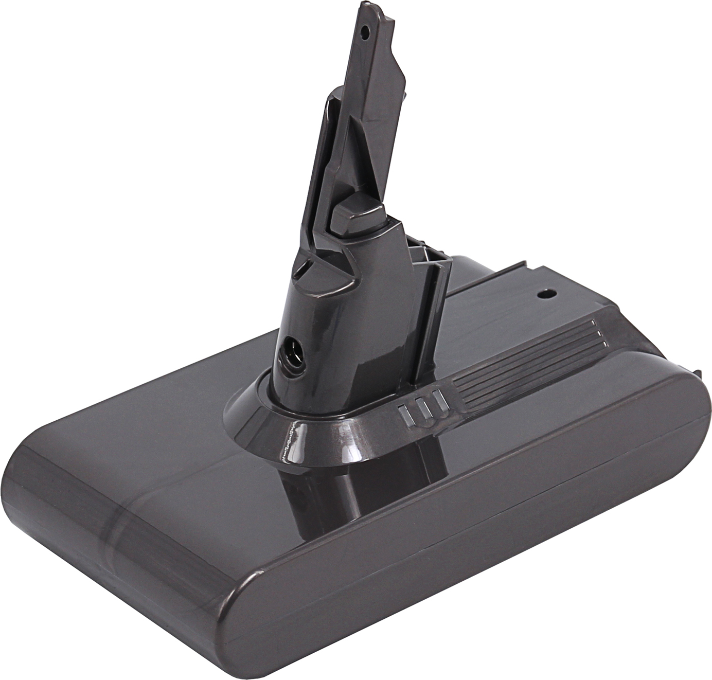 Un bloc-batterie d'aspirateur Dyson gris foncé. Il a une structure en forme de poignée sur le dessus. Le fond est blanc.