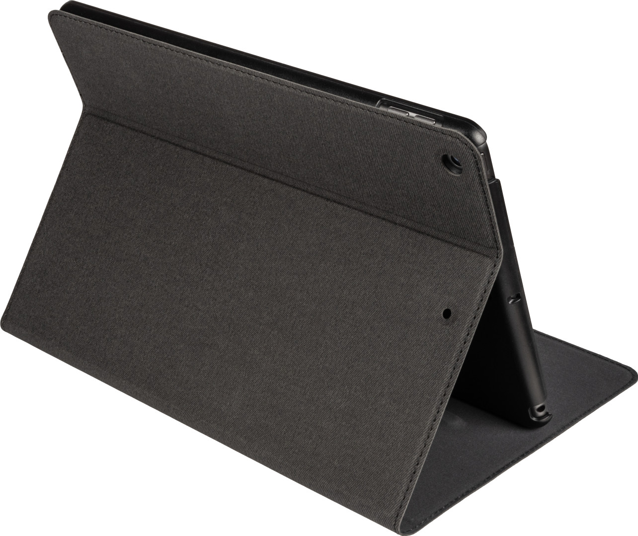 Gray tablet case, opened to prop up a tablet. The tablet is black.
