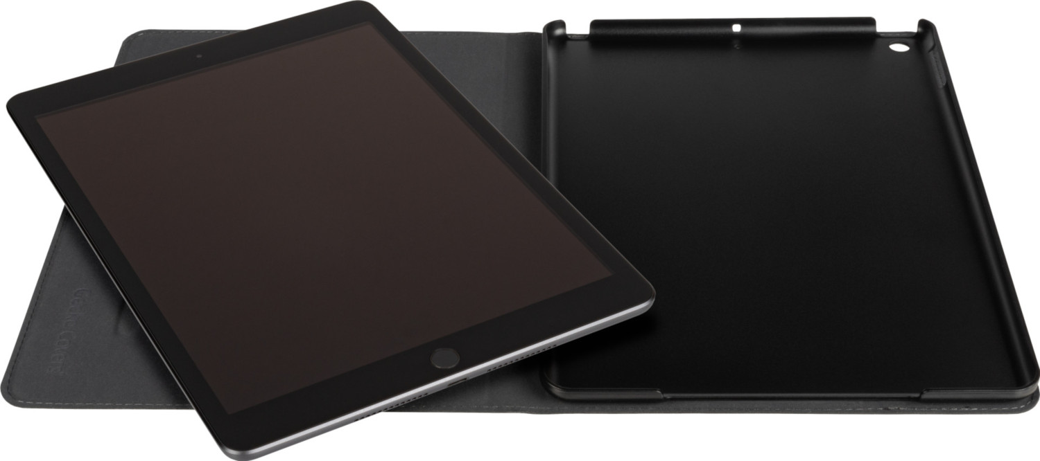 Tablet with case, partially open, showing the screen.