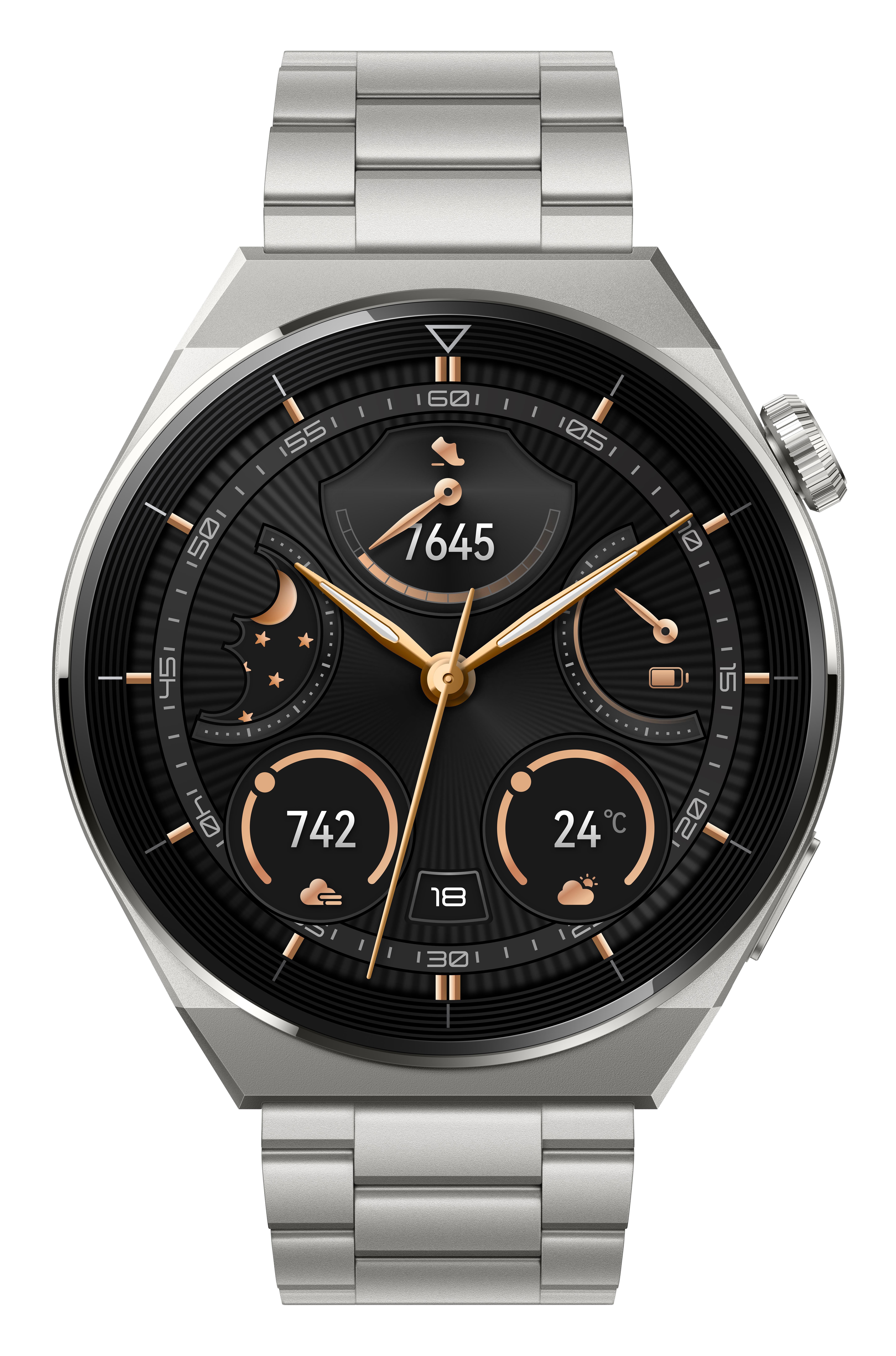 Silberne Smartwatch mit schwarzem Zifferblatt, goldenen Akzenten und silbernem Metallarmband.