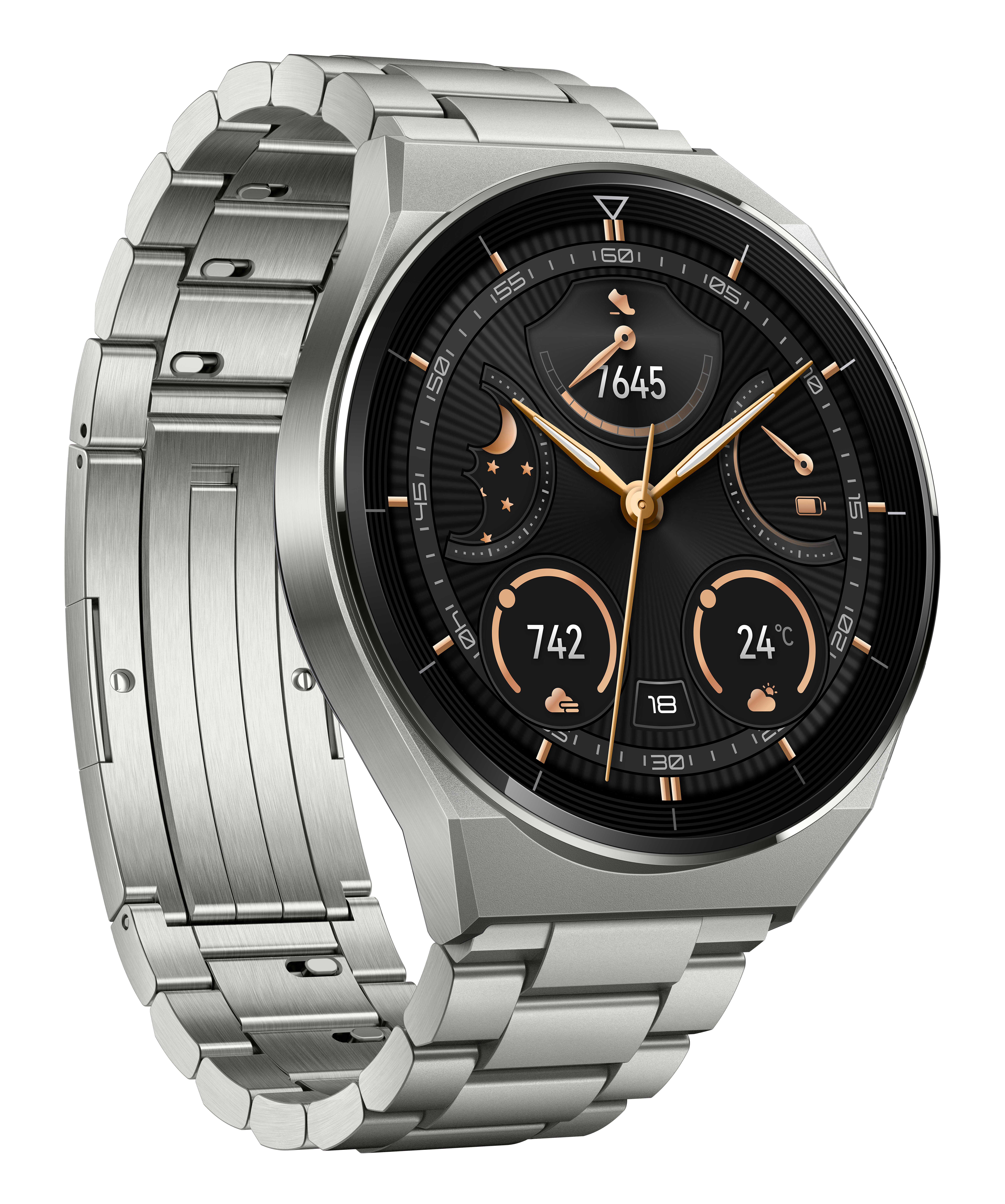 Eine silberne Smartwatch mit schwarzem Zifferblatt, zeigt Uhrzeit und Datum. Silbernes Armband, weißer Hintergrund.