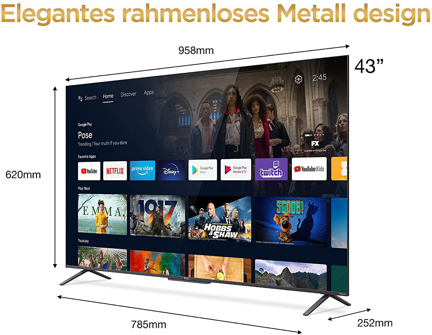 TCL 43C725 QLED TV (Flat, 43 Zoll / 109,2 cm, QLED 4K, SMART TV, Android R (11.0))