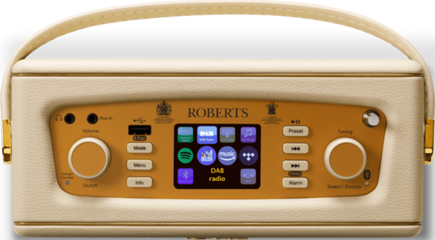 Roberts DAB-Radio, creme und gold, mit Bildschirm.