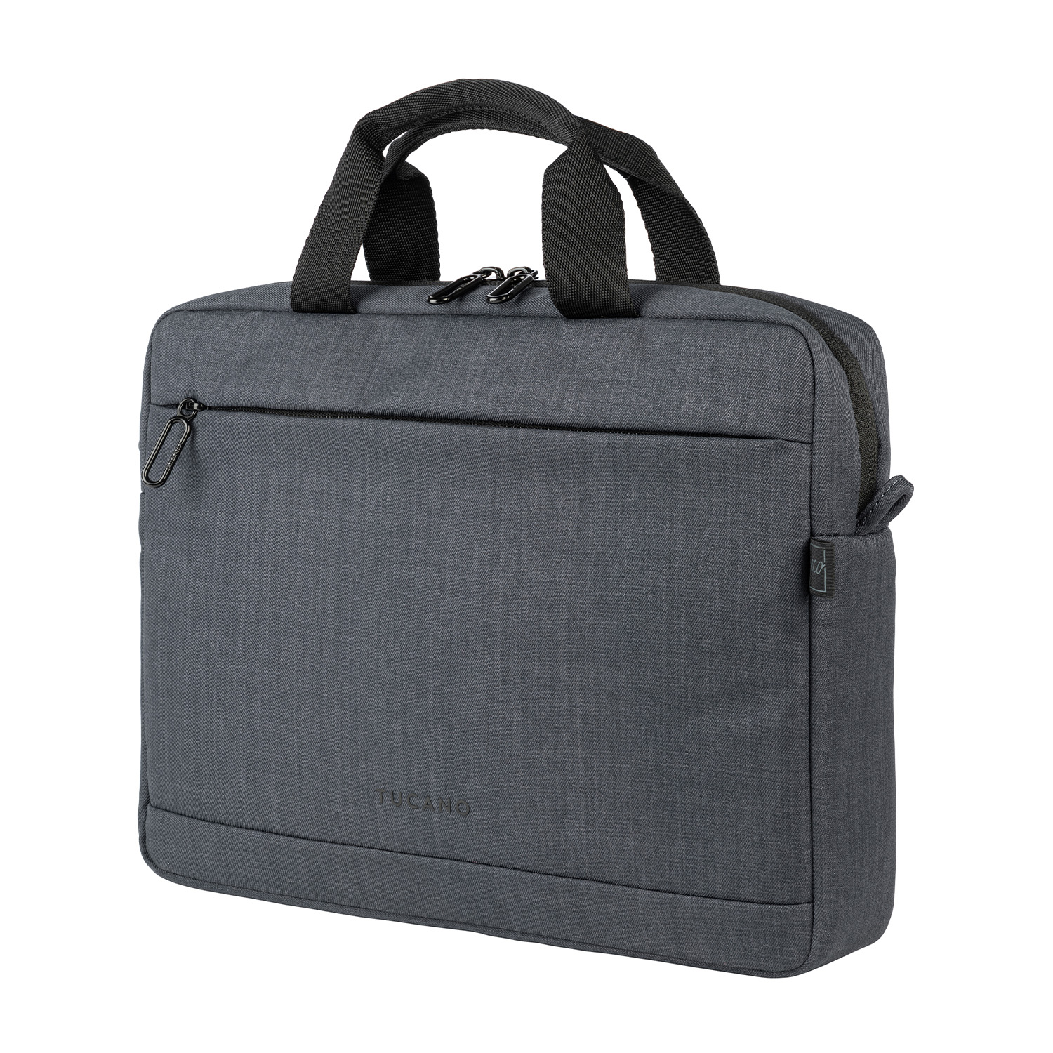 Borsa grigia per laptop con manici neri, tasca frontale e il nome del marchio.