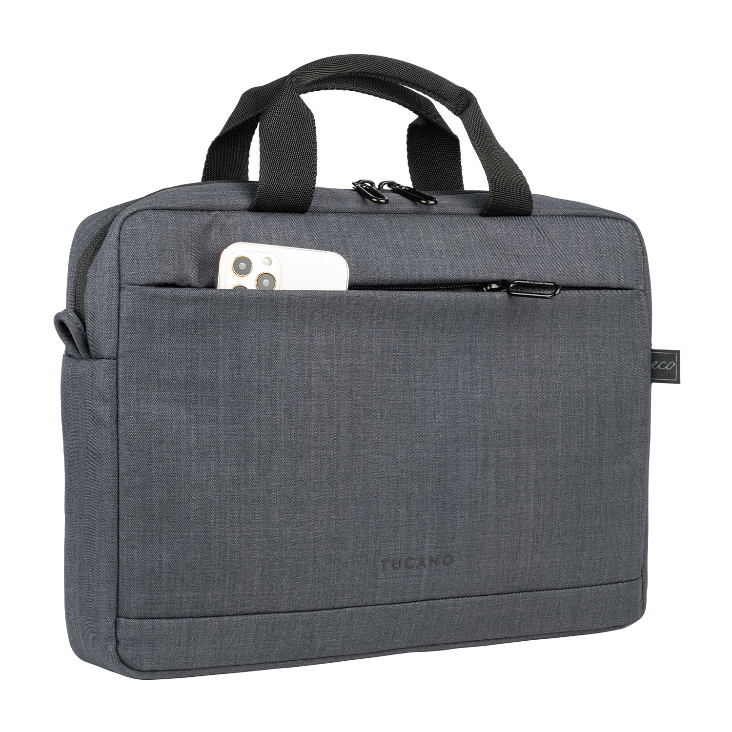 Borsa in tessuto grigio con un telefono nella tasca anteriore.