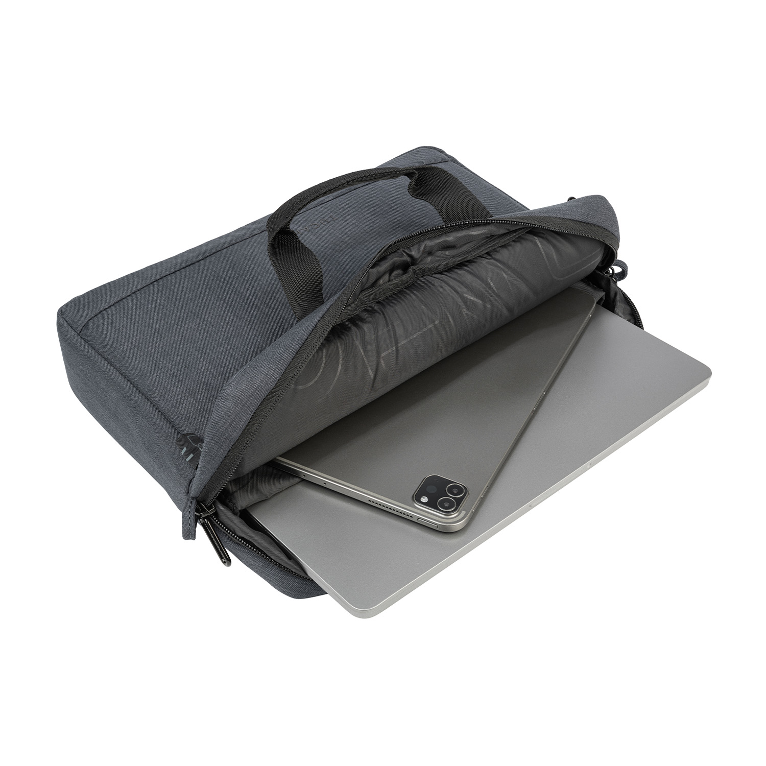 Borsa grigia per tablet con tablet all'interno, maniglia in alto.