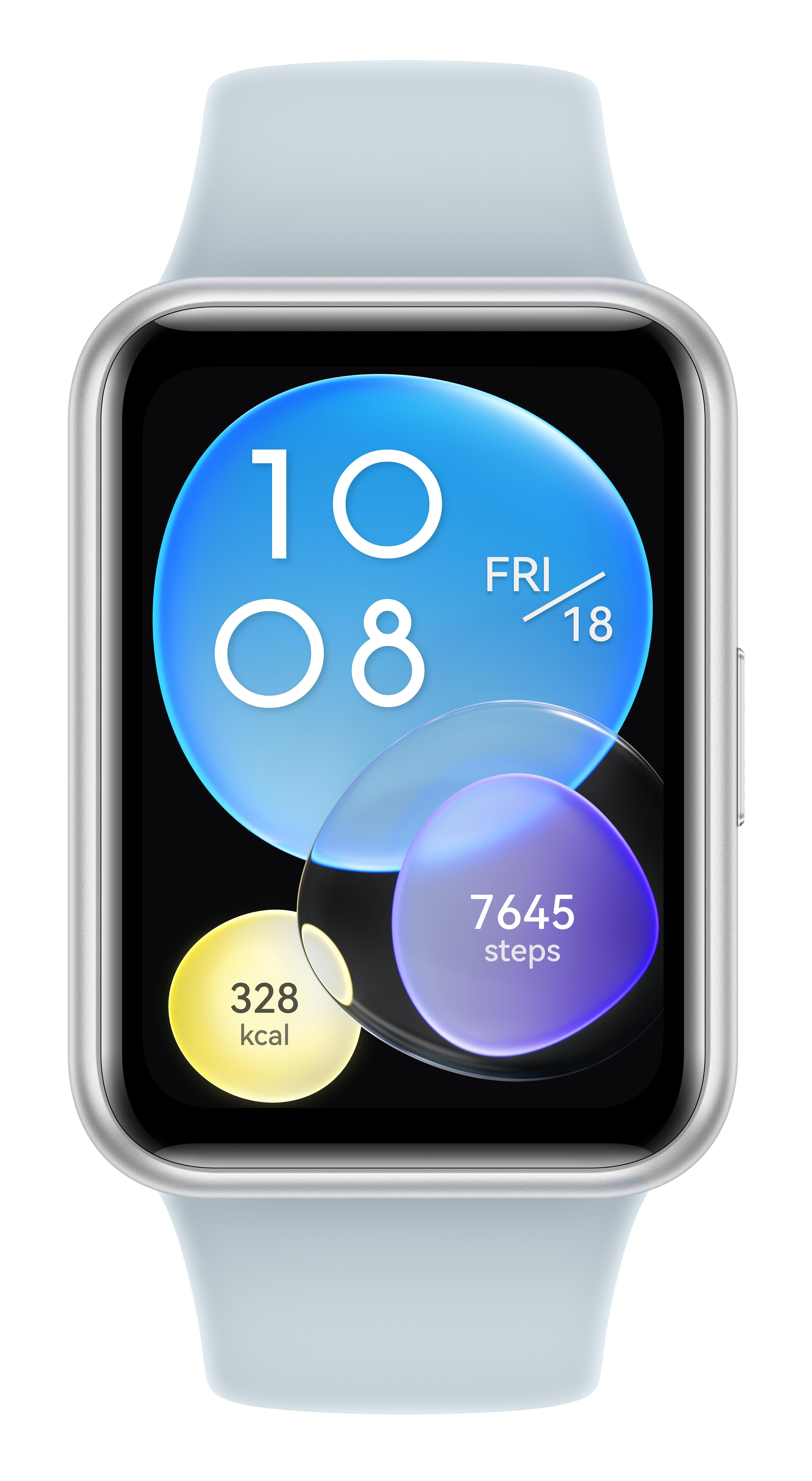 Eine Huawei Smartwatch zeigt Zeit, Datum, Schritte und Kalorien an. Sie hat ein hellblaues Band.