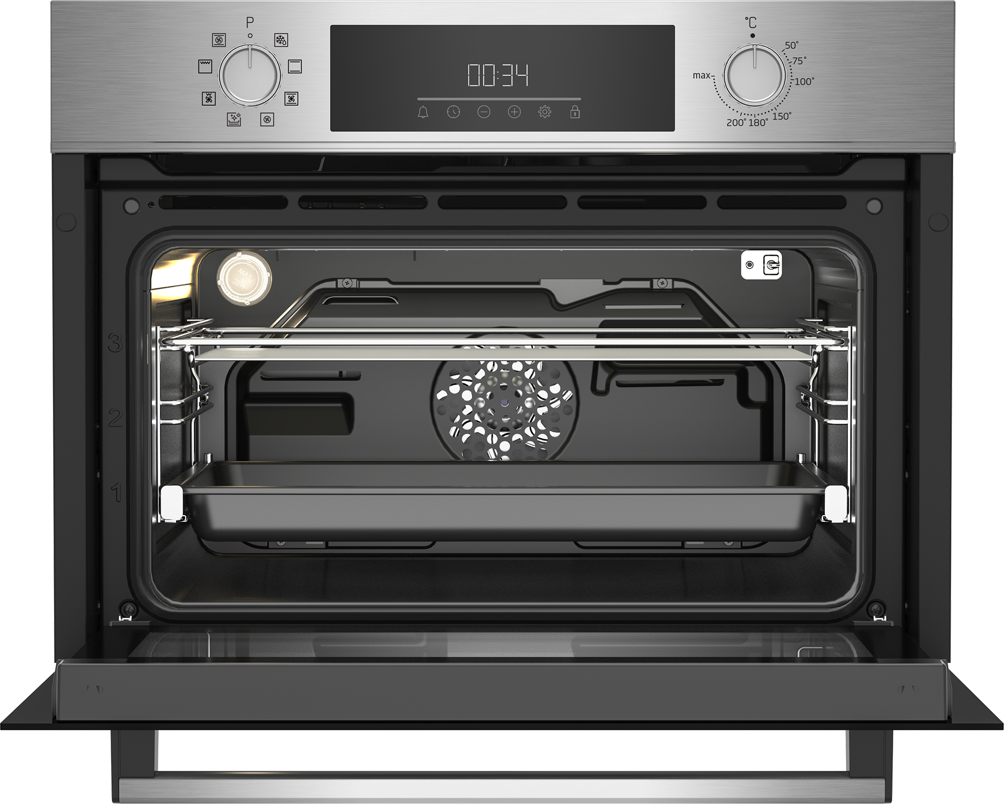 Interior del horno con bandeja y luz. Panel superior con controles y pantalla digital.