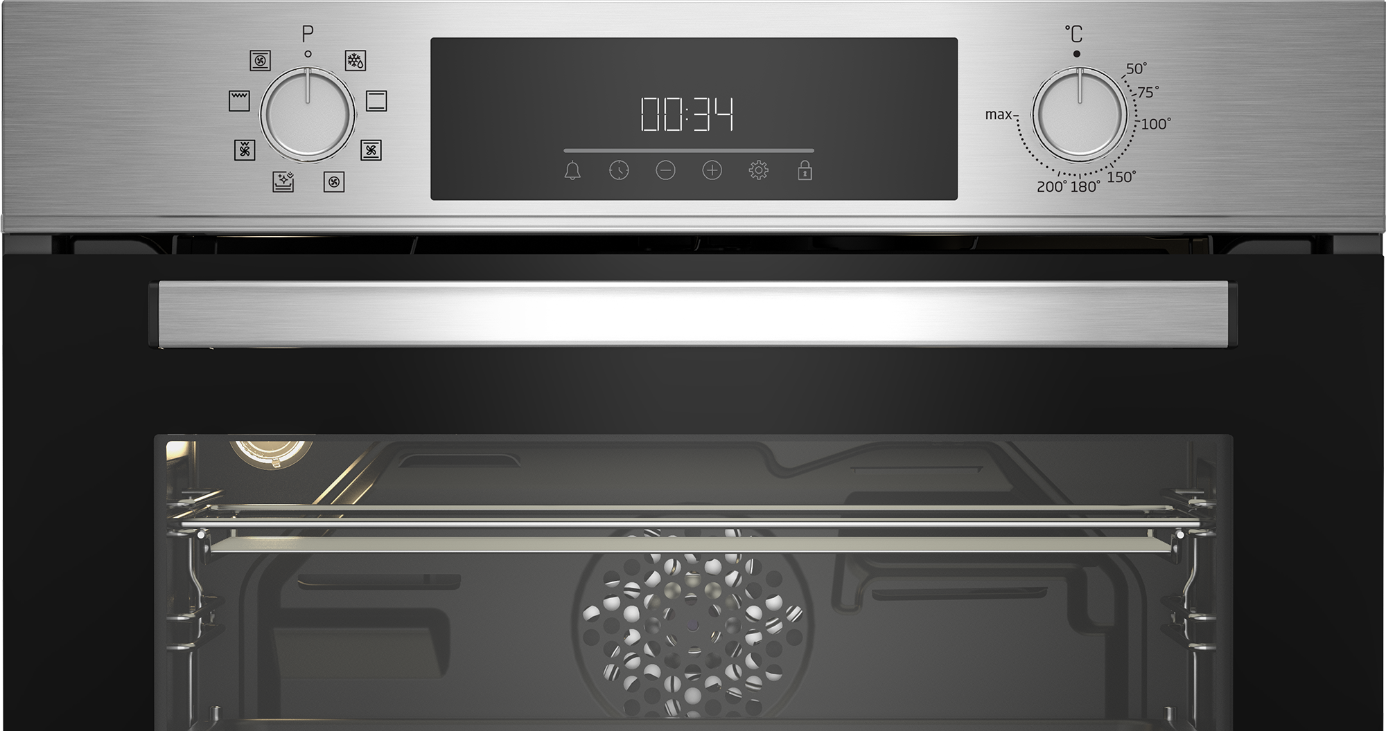 Frente de horno plateado con controles y pantalla digital que muestra 00:34.