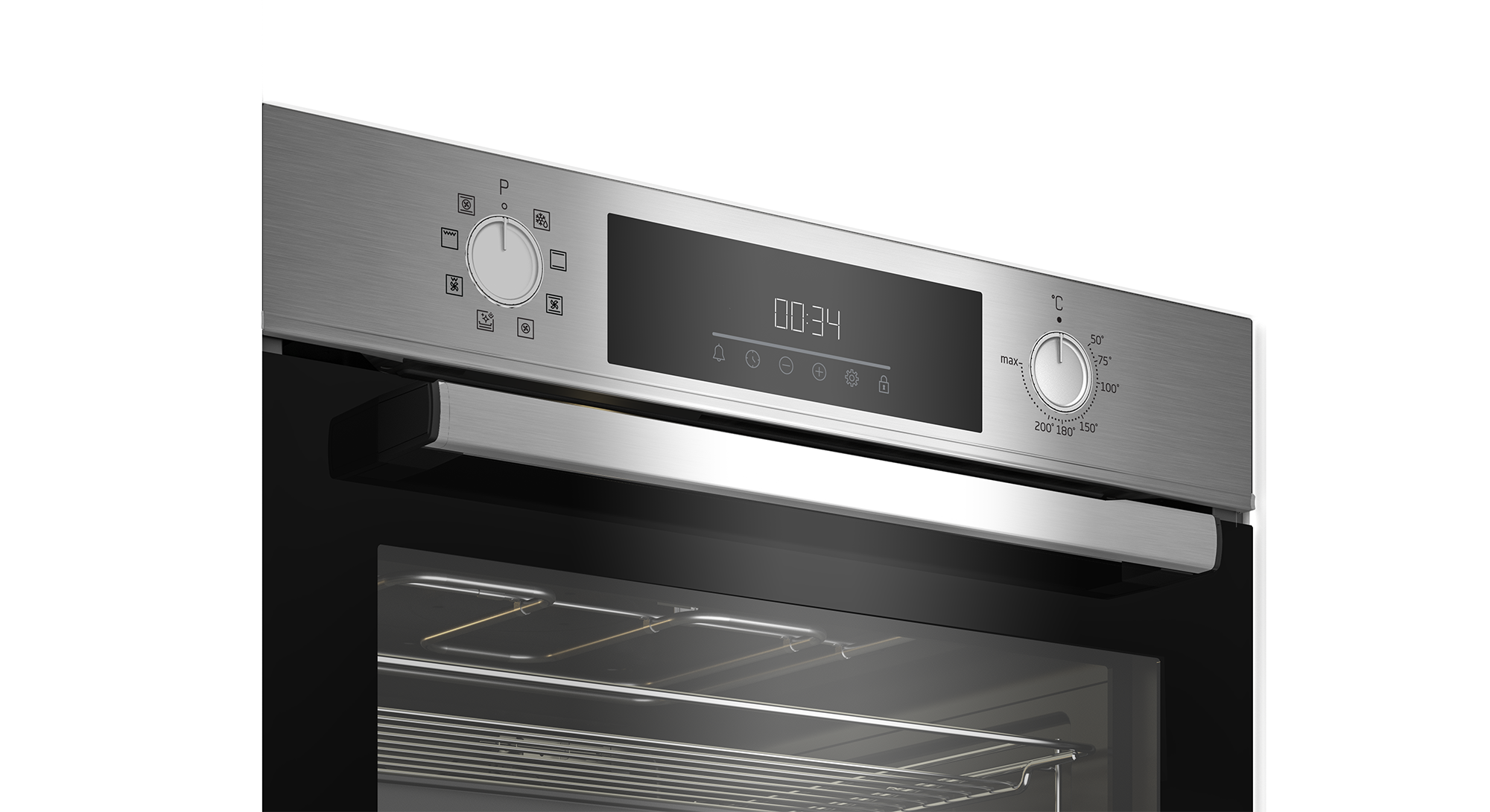 Panel de control de horno plateado con pantalla que muestra la hora y diales de temperatura.